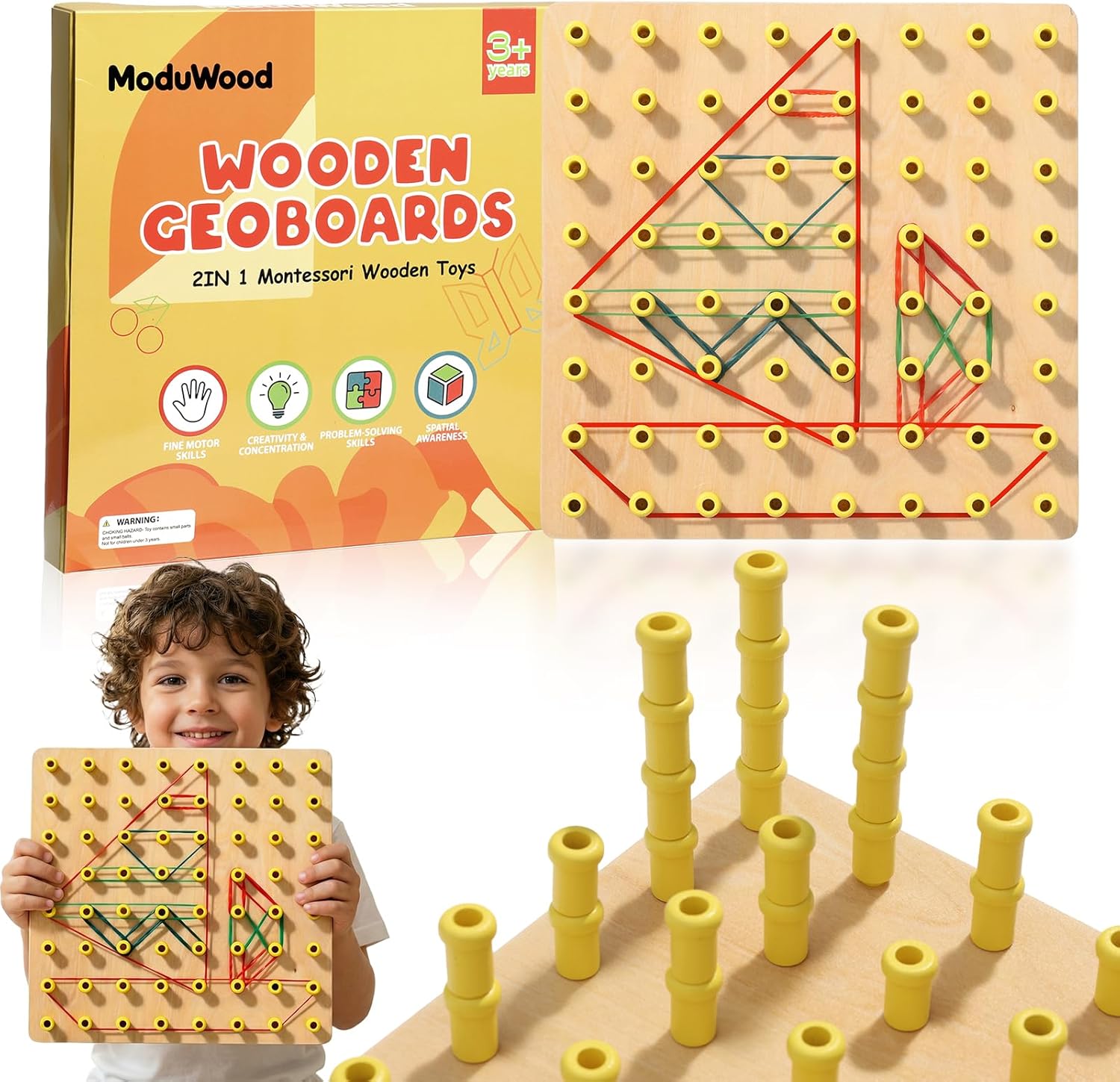 Wooden Geoboard with Stackable Pegs - 2 in 1 Montessori Peg Board Toy with 68Pcs Wood Pegs for 3 4 5 6 Year Old Kids - Fine Motor STEM Building Set, Wooden Brain Teaser Puzzle Gifts for Boys & Girls