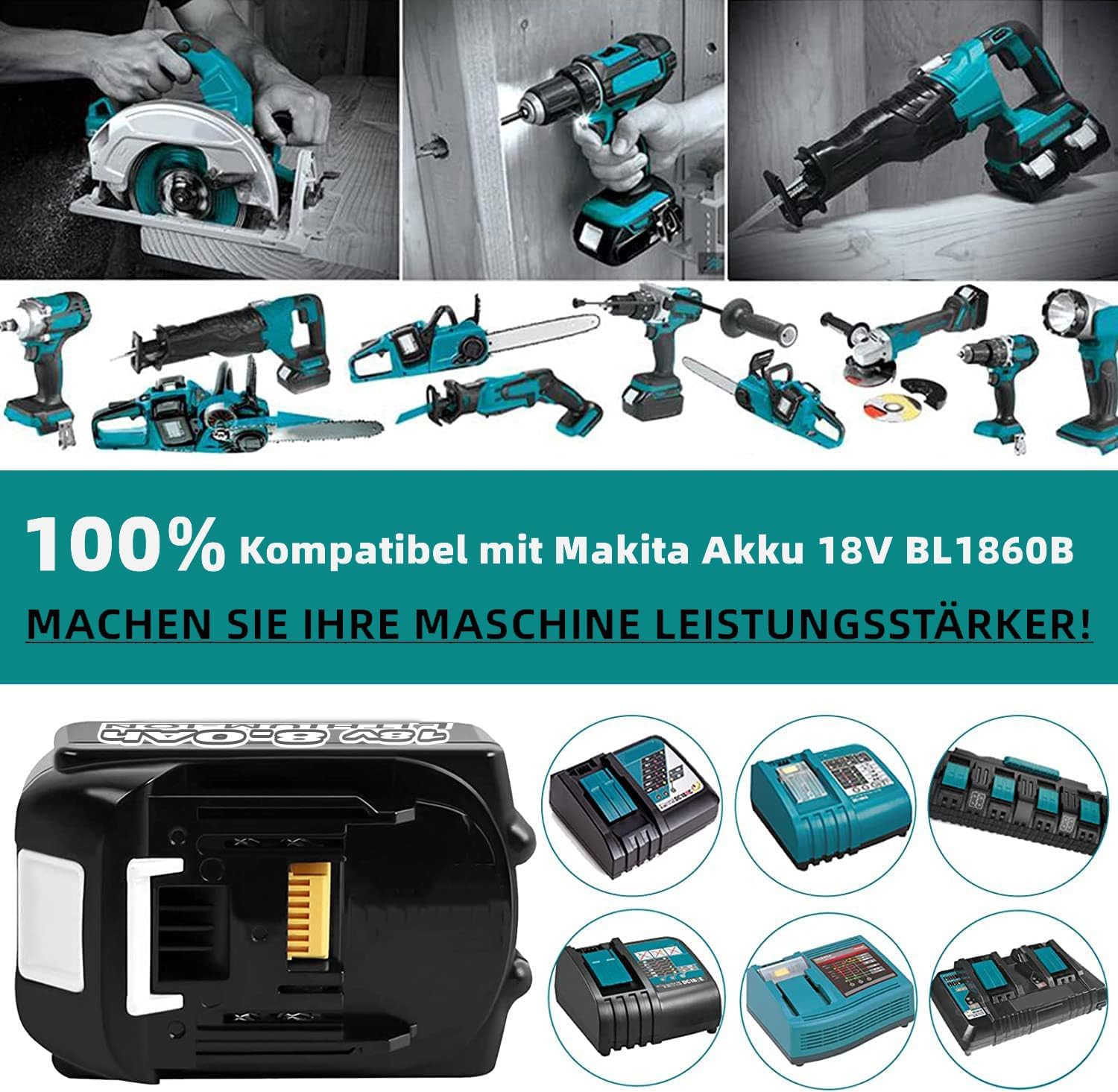 2 Stück Ersatzakku 18V 8.0Ah Für Makita + Ladegerät – Kompatibel Mit BL1860B, BL1850B, BL1840B Uvm.
