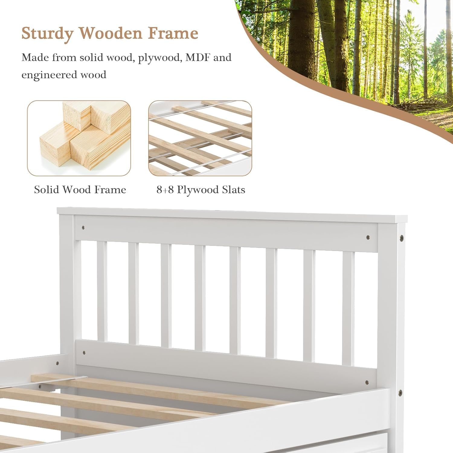 Close-up view of the sturdy wooden frame construction of the KOMFOTT Twin Trundle Bed, highlighting solid wood and plywood slats.