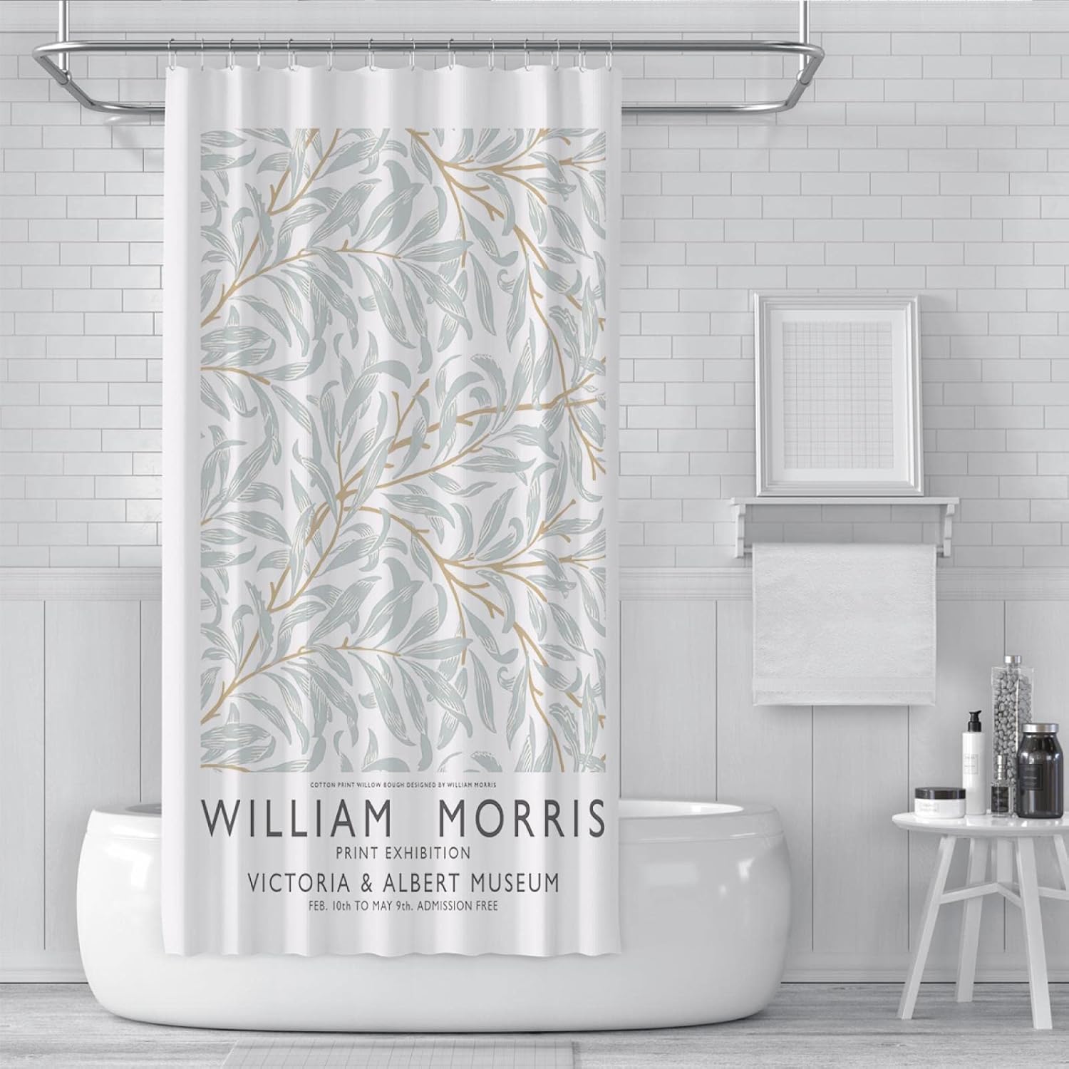Fall Farmhouse Shower Curtains for Bathroom, Light Green Leave Bath Curtain Set, William Morris Fabric Restroom Decor 12 Hooks Included 54W x 78L(in)