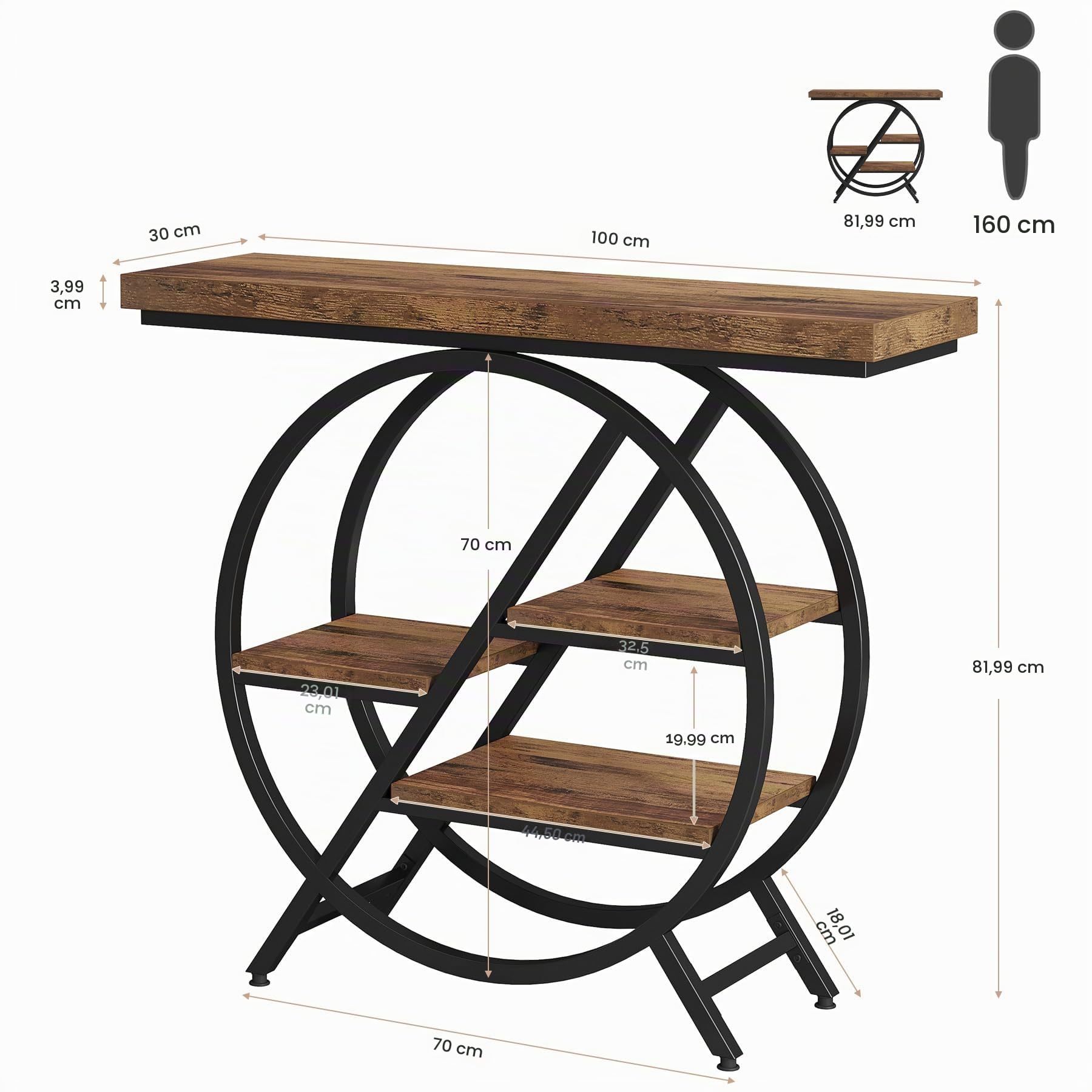 Tribesigns Mesa Consola, Mesa de Entrada de 100 cm con Tablero Grueso, Industrial Mesa de Sofá de 4 Niveles con Estructura Geométrica de Metal para Sala de Estar, Entrada (Marrón Rústico)
