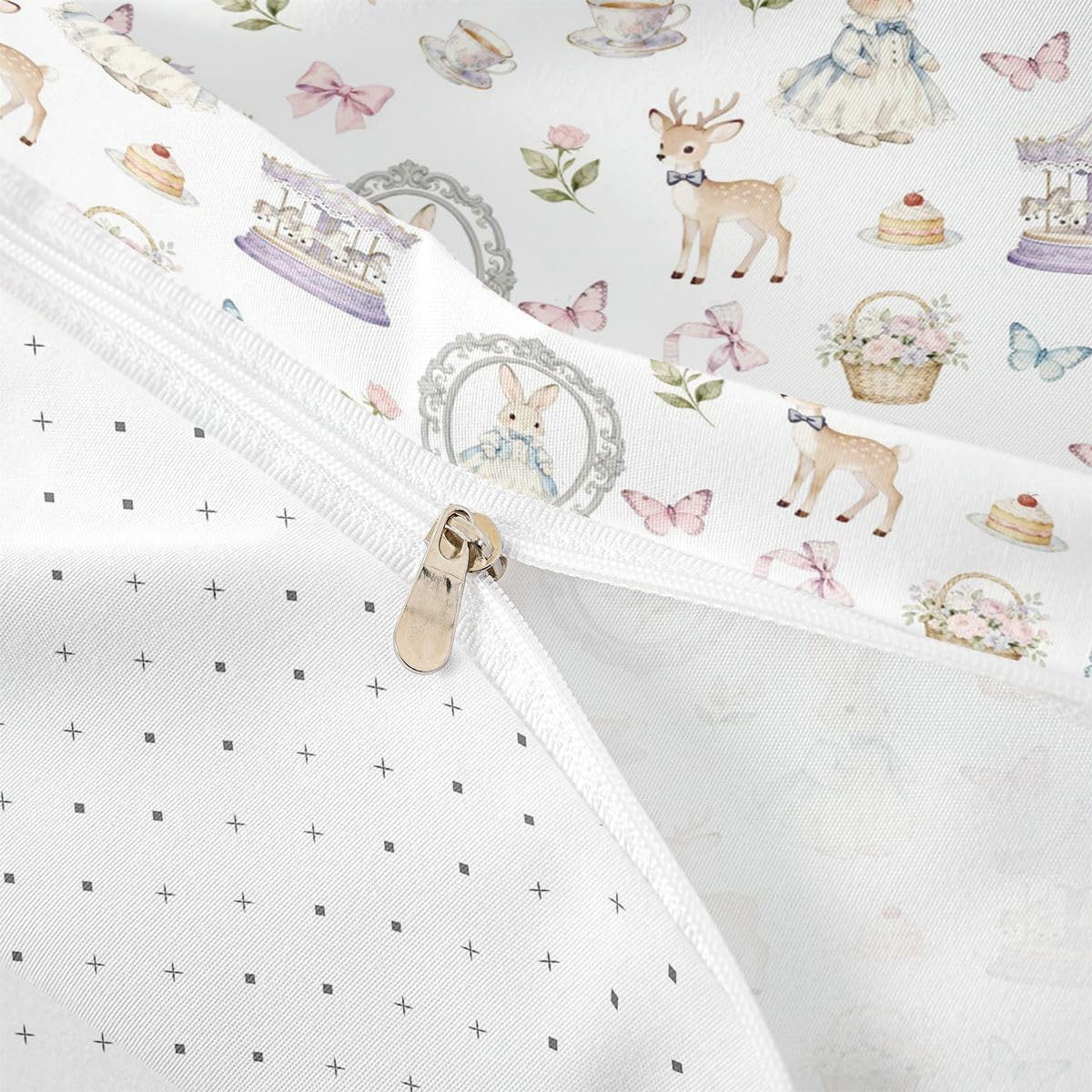 Fairy Tale Duvet Cover Set Twin Size,Rabbit Fairy Deer Bedding Sets 2Pcs for Kids Girls Boys Adult Room Decor,Carrousel Butterfly Comforter Cover Sweet Bowknot Quilt Cover,1 Pillowcase