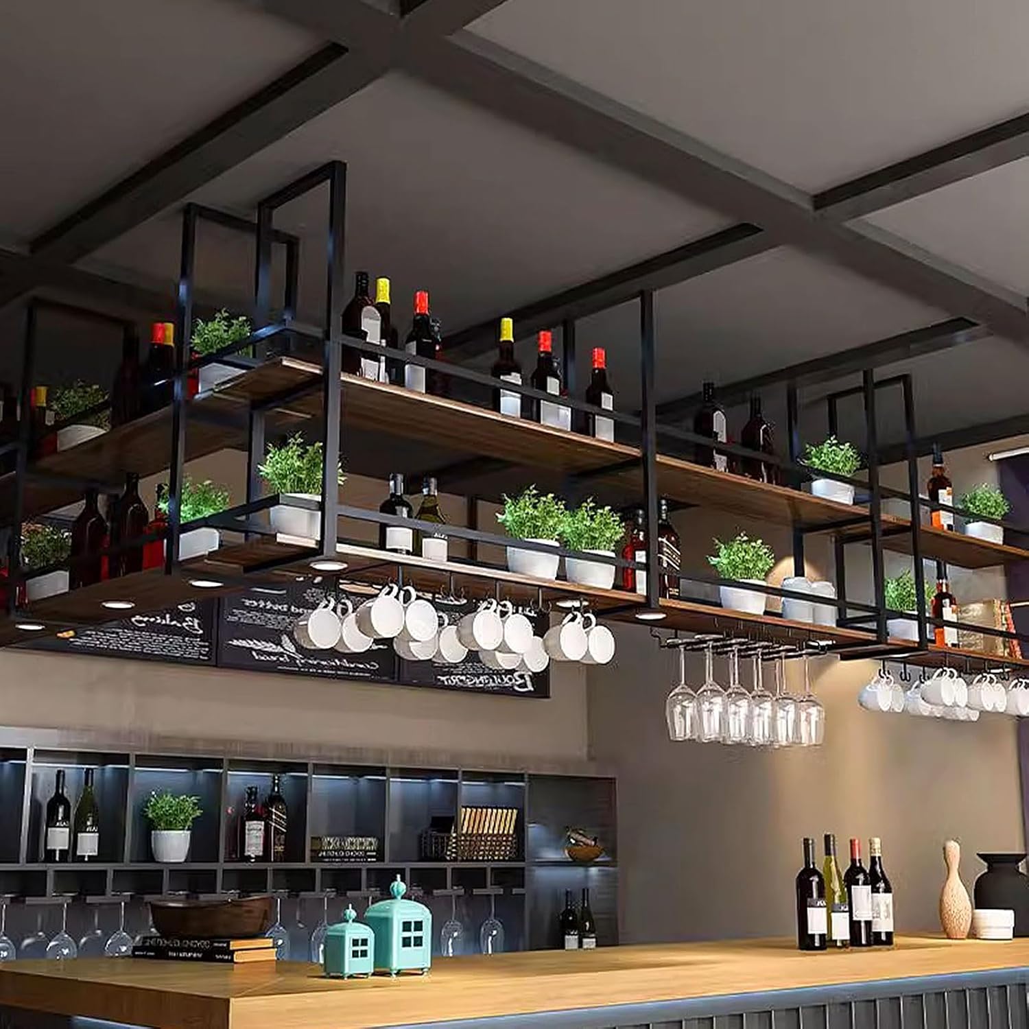 Ceiling Mounted Wine Glass Rack Hanging Wine Glass 80/100/120/150 cm 2 Tier Industrial Wall Mounted Wine Glass Shelf for Kitchen & Bar Black Storage Solution