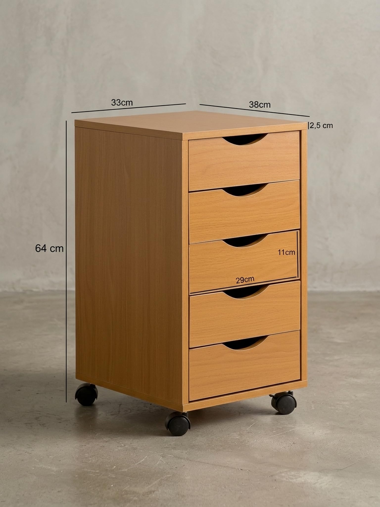Rollcontainer Buche, Stilvoller & geräumiger Schreibtisch-Container mit 5 Schubladen - KADIMA DESIGN.