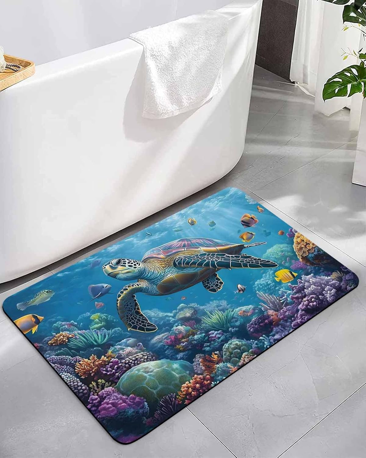 Bath Rugs Underwater Sea Turtle Coral Fish Absorbent Diatomaceous Earth Bath Mat Quick Drying Non Slip Washable Shower