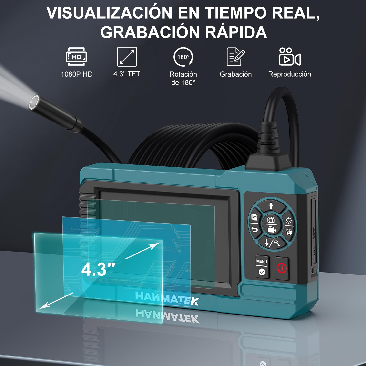 HANMATEK - Endoscopio industrial de 1080P, pantalla TFT de 4.3 pulgadas, cable flexible de 16.5 pies, cámara de 8 mm con luces LED ajustables, 1 millón de píxeles, grabación de foto/video, carga USB-C