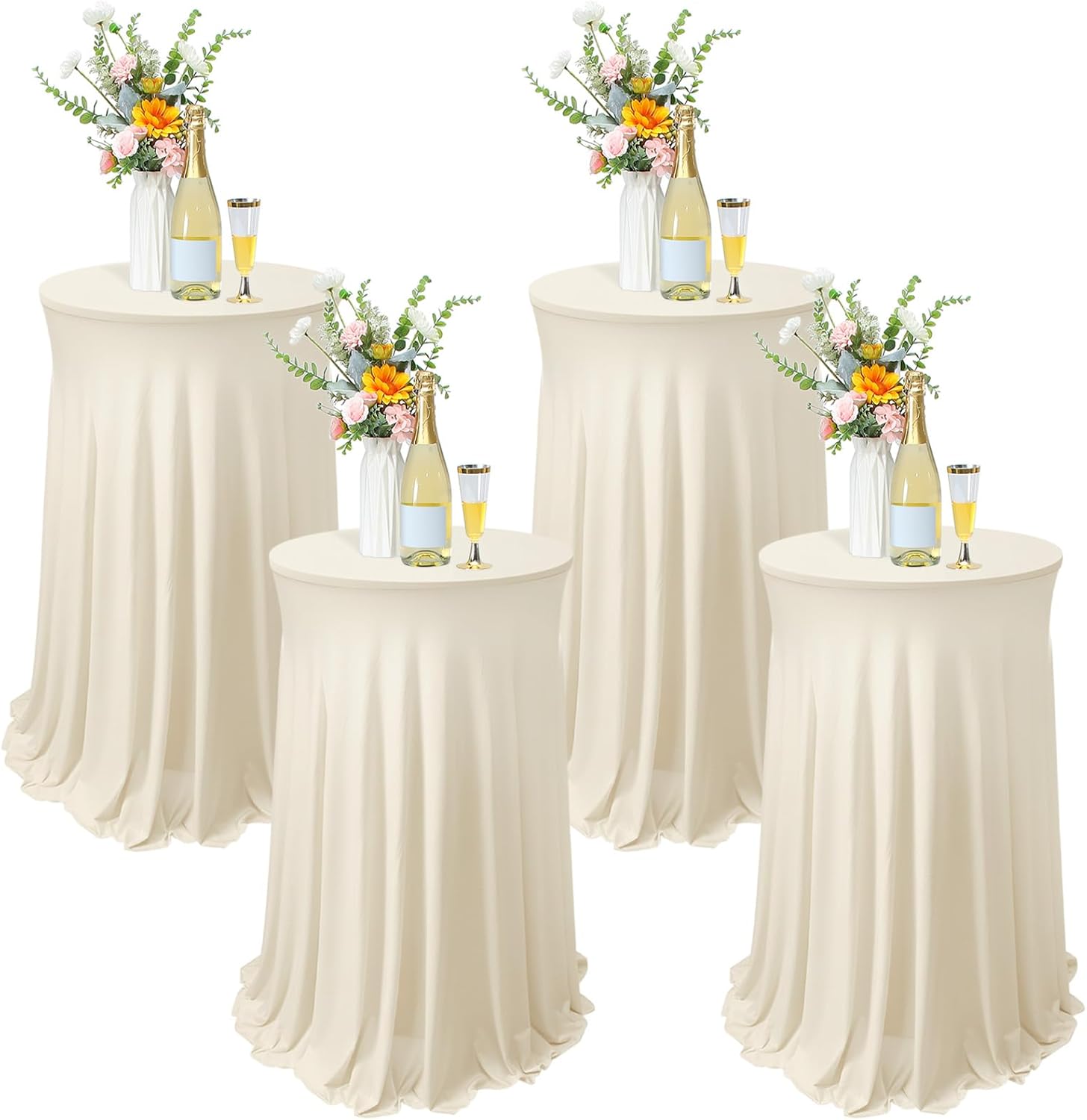 Tegeme 4 Packs Round Spandex Cocktail Tablecloths with Skirt 32 x 43 Inch Cocktail Round Table Cover Spandex Stretch Square Tablecloth Skirt for Table Bar Wedding Party Banquet (White)