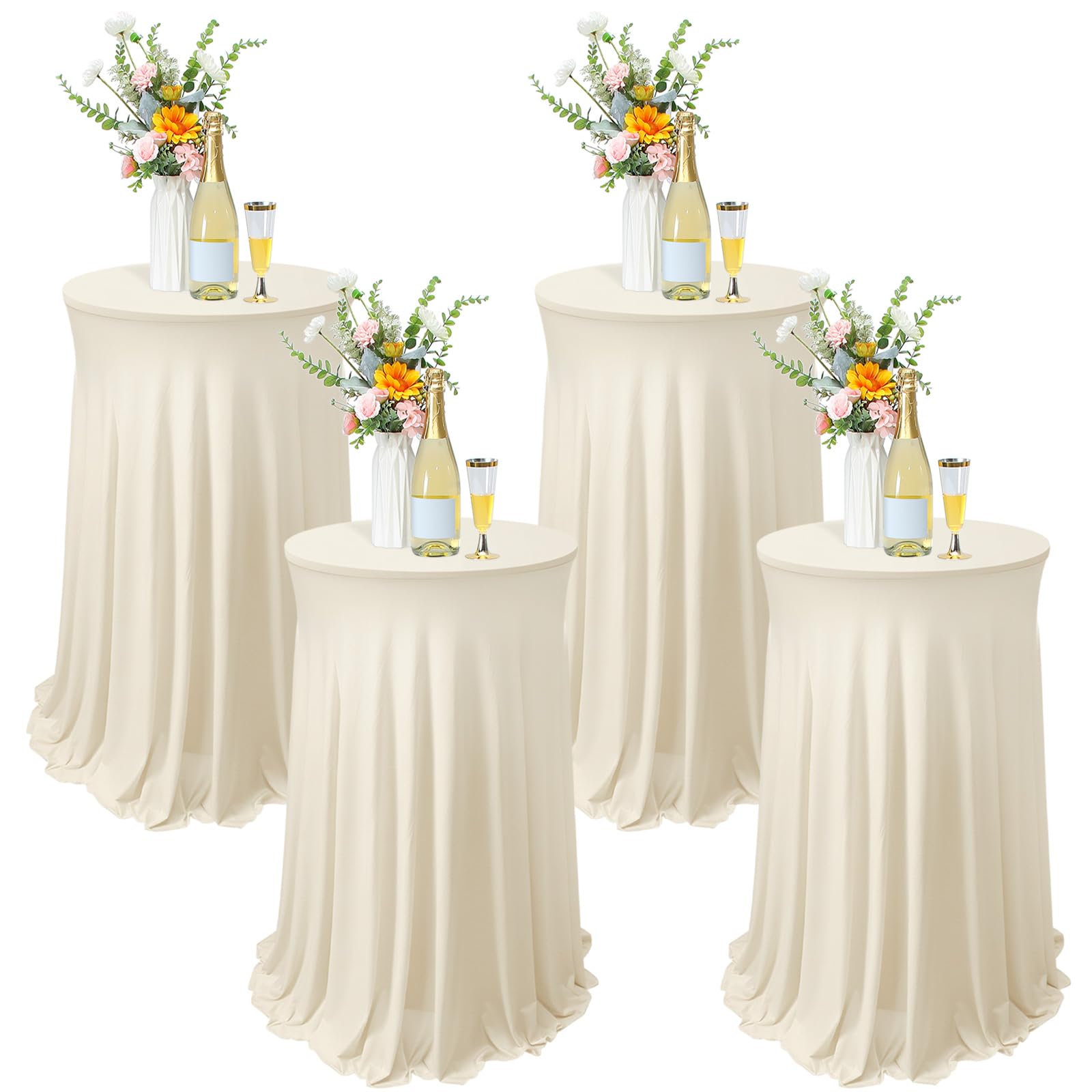 Tegeme 4 Packs Spandex Cocktail Tablecloths 32x43 with Skirt, Beige