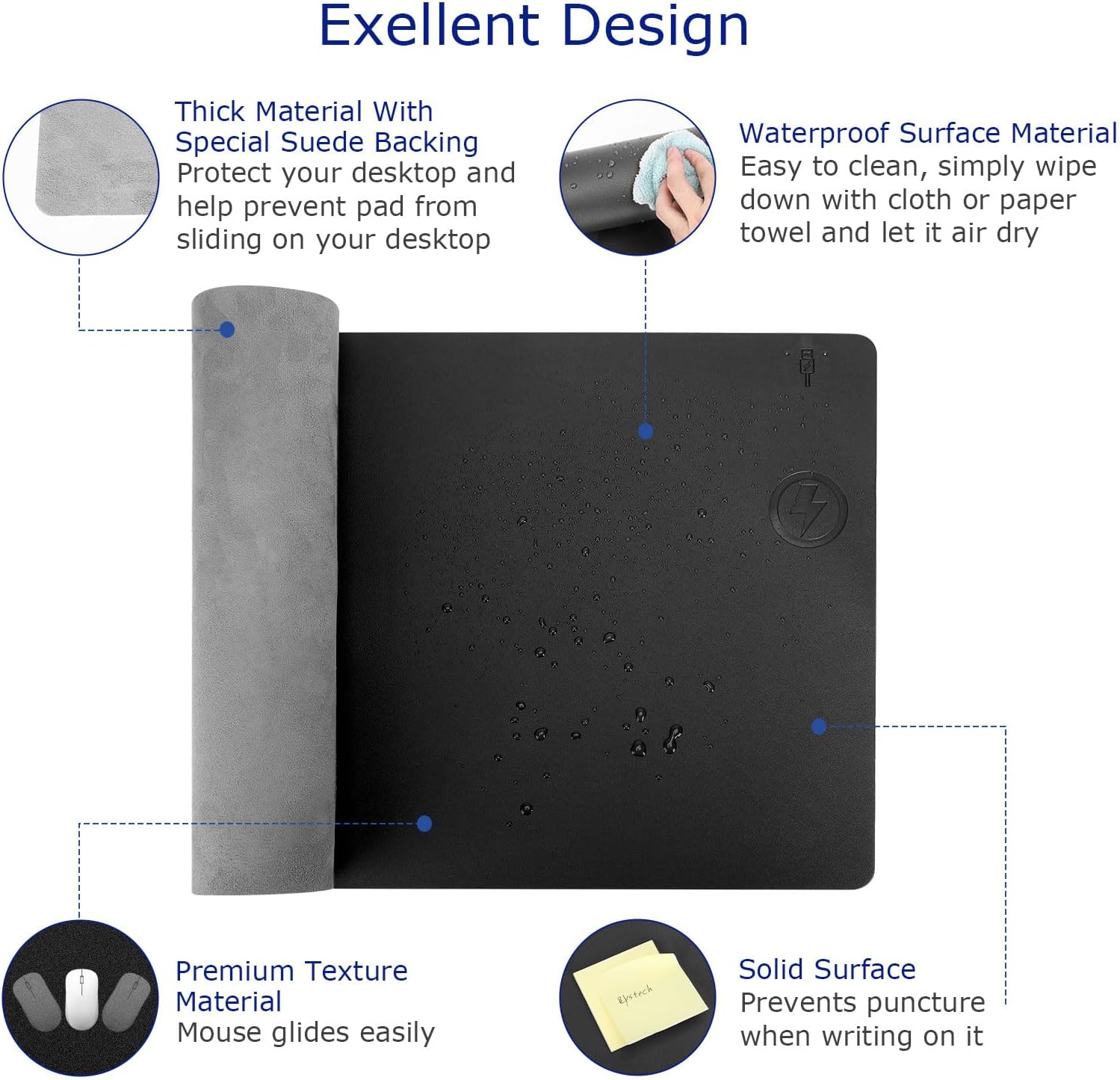 EYStech™ Desk Pad with Wireless Charger, Leather, Waterproof, Anti-Slip Wool Felt Base Material, Office Table Mat, Fast Charging Gaming Mouse Pad, 32”(L) x 16”(W), Black (Right Side Charging Port)