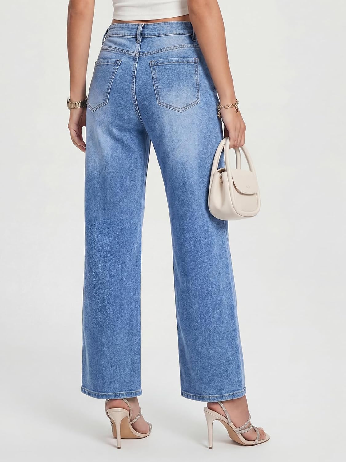 Kedera Womens Stretchy Pearl Jeans High Waisted Straight Wide Leg Bling Sparkly Rhinestone Pants Diamond Denim Trousers
