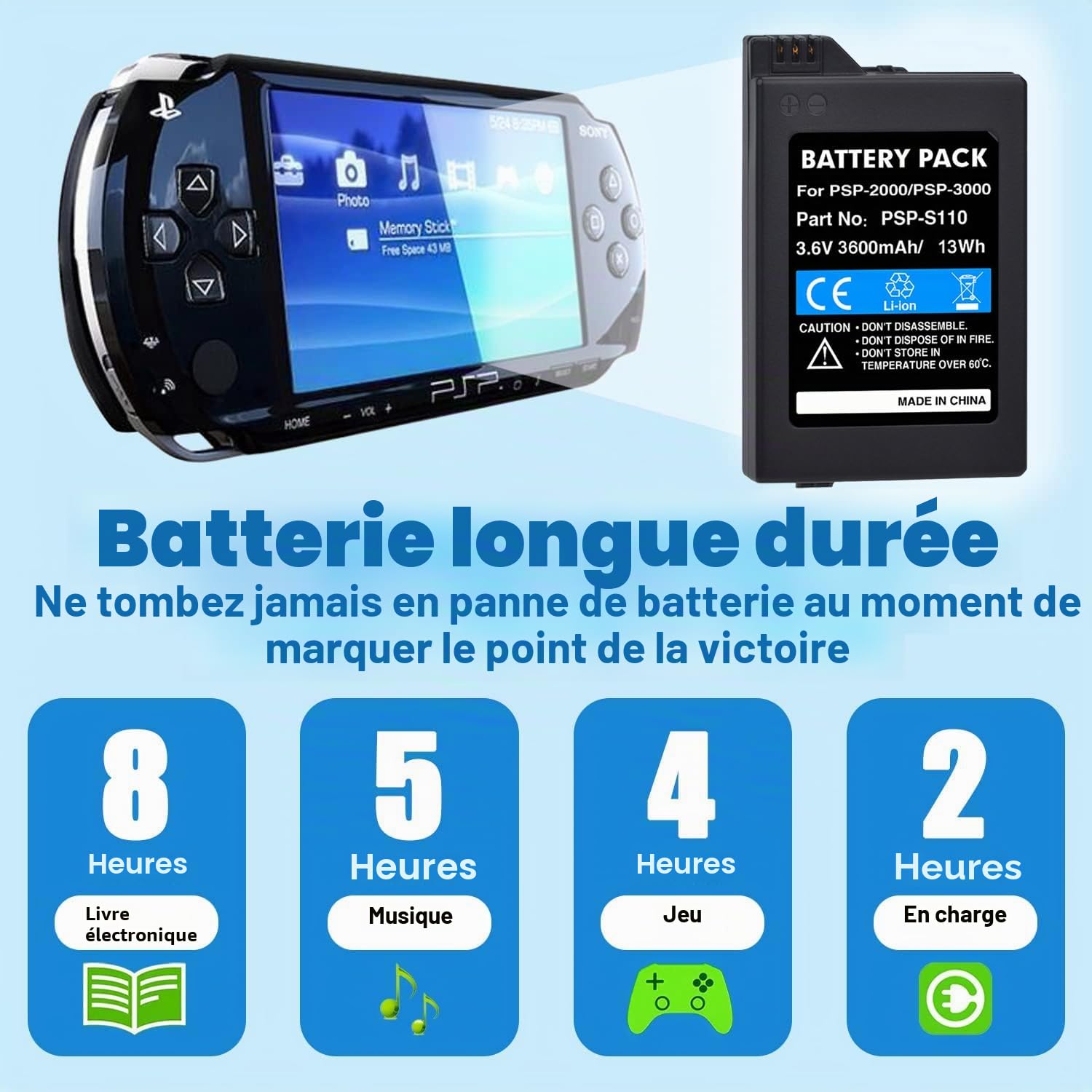 hôte Batterie Convient pour Sony PSP2000 3000 PSP-S110 3600 mAh 3,6 V avec Une capacité suffisante