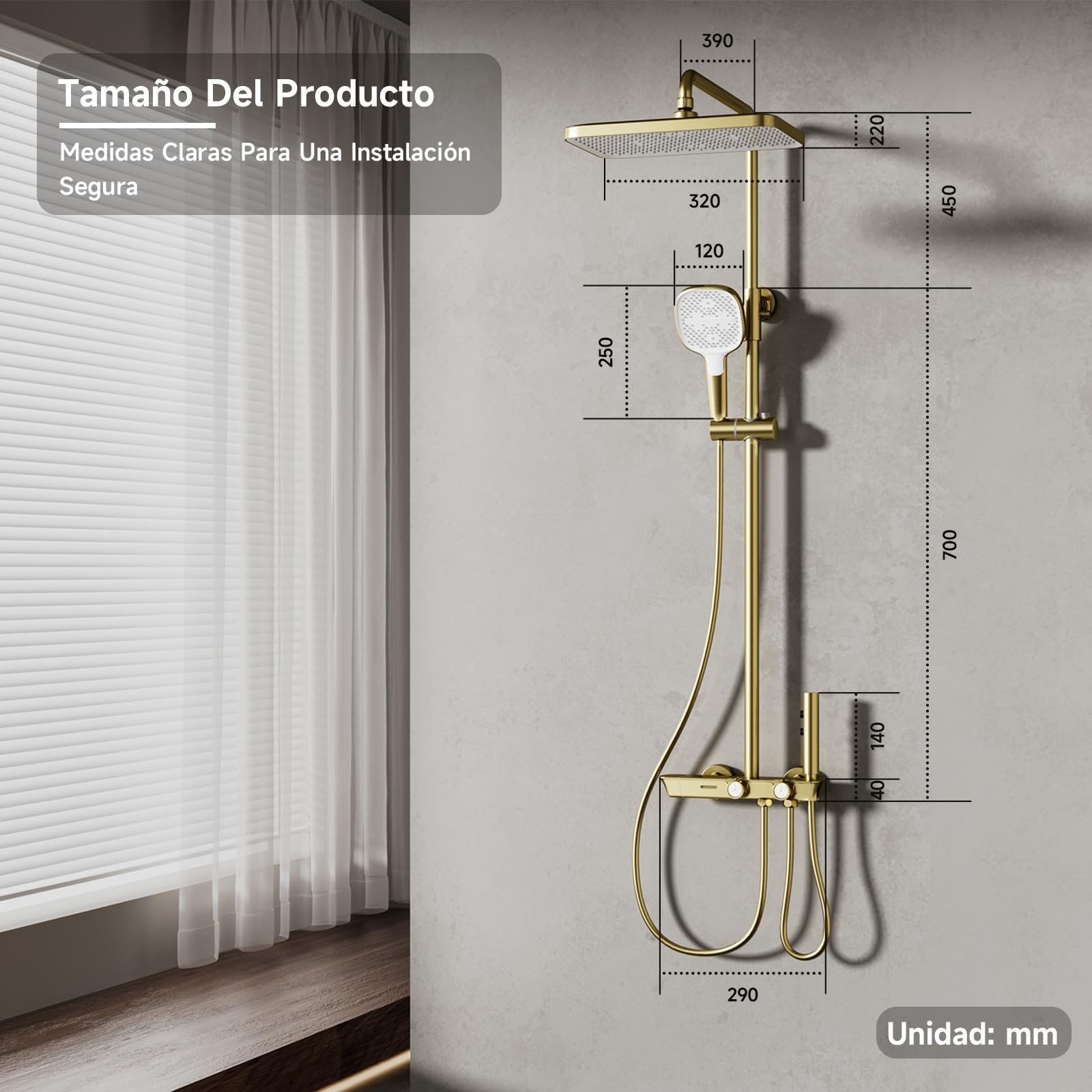 Columna Ducha, Columna de Ducha Termostática 4 en 1 Oro Cepillado | Cabezal de ducha de lluvia grande de 320 × 220 mm, columna ducha con grifo, accesorios de ducha completos, ajustable 360°