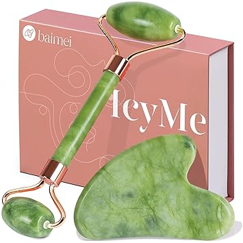 BAIMEI IcyMe Gua Sha & Jade Roller Set, Cooling Face Roller & Guasha Tool for Face Depuffing, Facial Sculpting & Jawline Definition, Smooth Rolling Skincare Tools for Women & Men Green