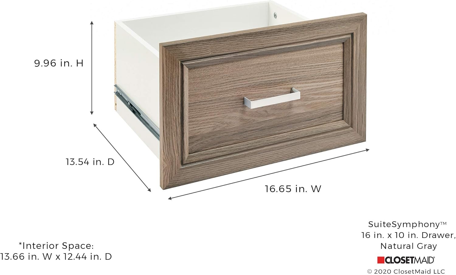 ClosetMaid SuiteSymphony Wood Closet Drawer, Add On Accessory, Shaker Style, For Storage, Closet, Clothes, 16” x 10” Size for 16 in. Units, Natural Gray