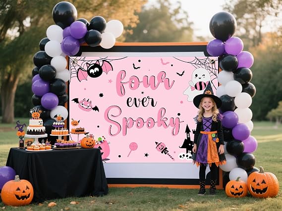 Four Ever Spooky Birthday Decorations - 7x5ft Four Ever Spooky Backdrop - 4th Birthday Decorations Girl
