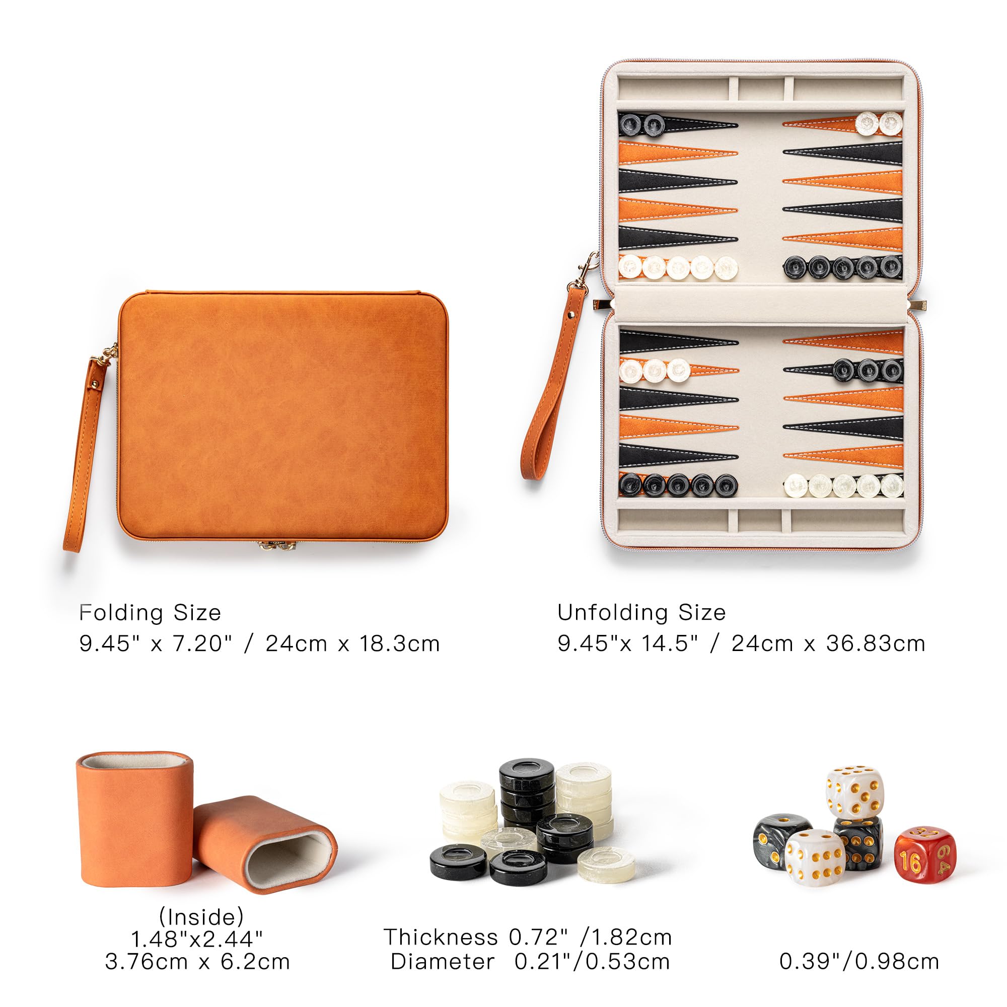 Set di backgammon per adulti, classico gioco da tavolo con custodia pieghevole in pelle Backgammon, set da viaggio portatile (arancione)