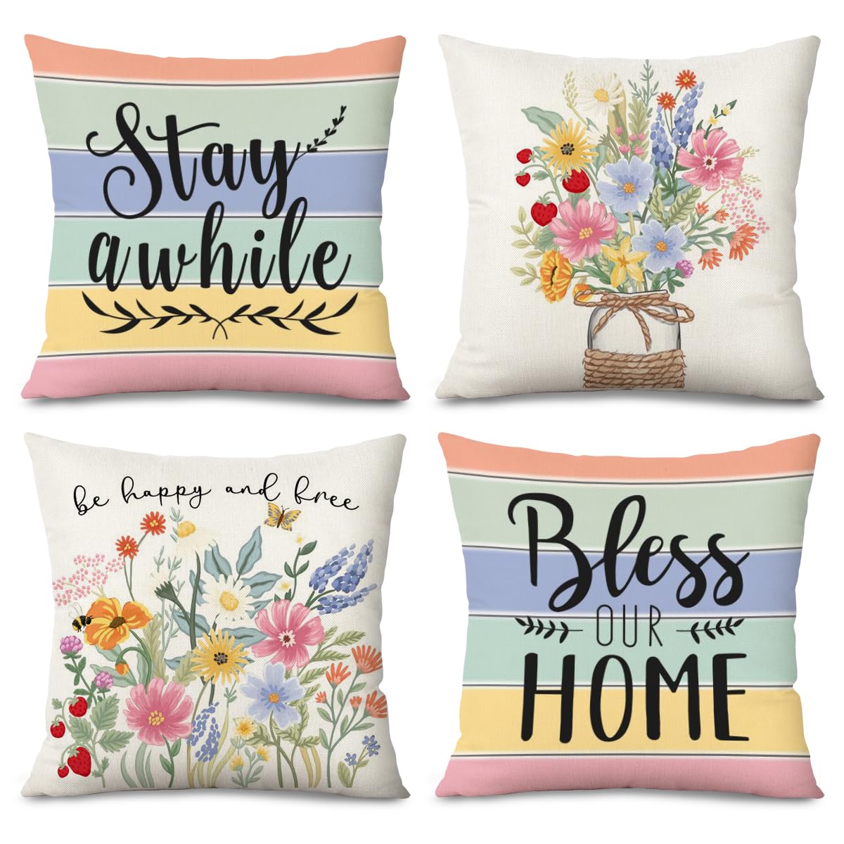 Spring Pillow Covers 18x18 Inch Set of 4 Fresh Flower Market Spring Decorations Throw Farmhouse Pillowcase Linen Cushion Case for Spring Home Décor