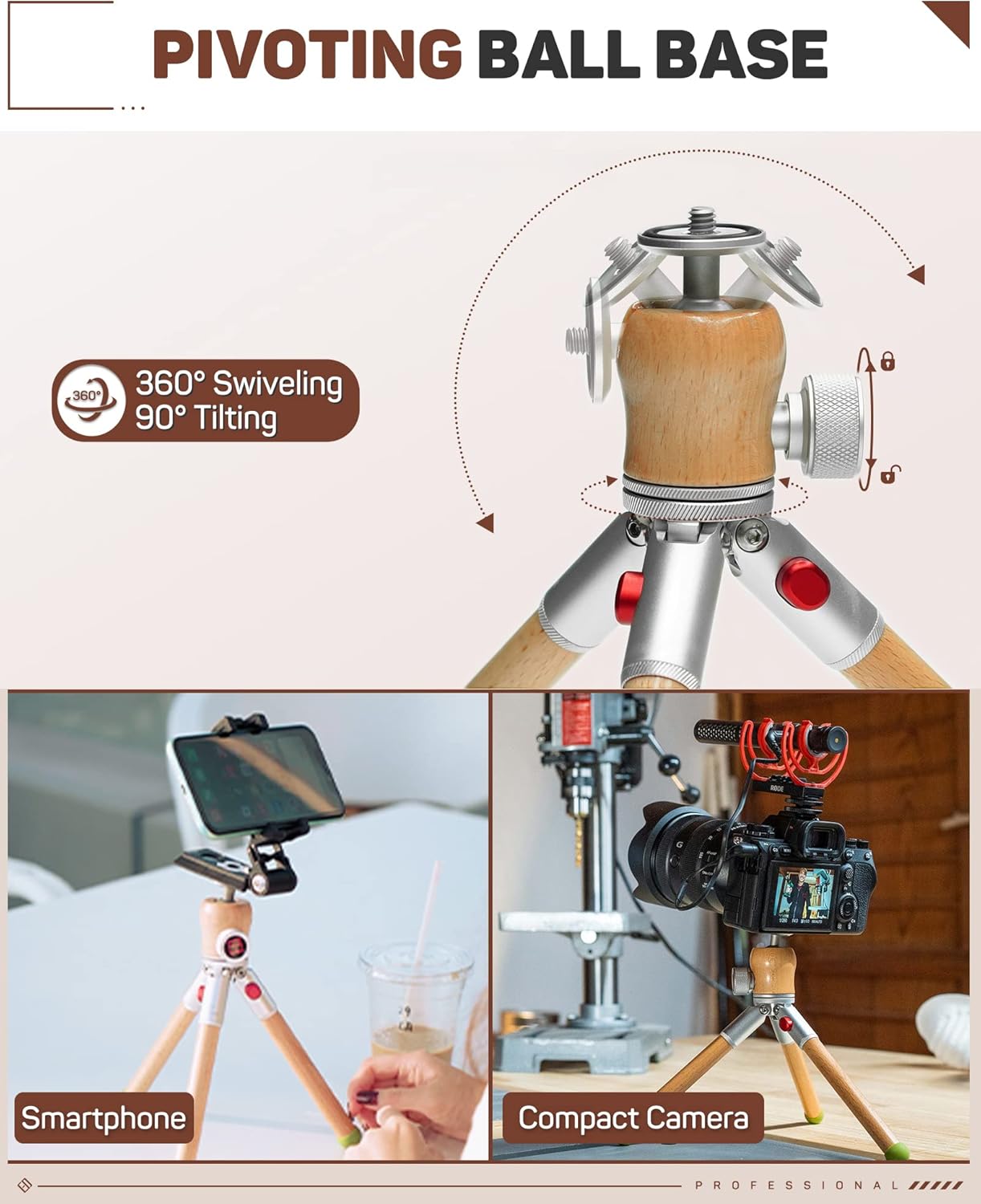 IFOOTAGE Timberpod Mini Tripod, Small Camera Tripod with 1/4" Screw, Professional Tabletop Tripod for DSLR Camera, Mobile Phone and Action Cameras, Handheld Mini Tripod Wood（Sliver）