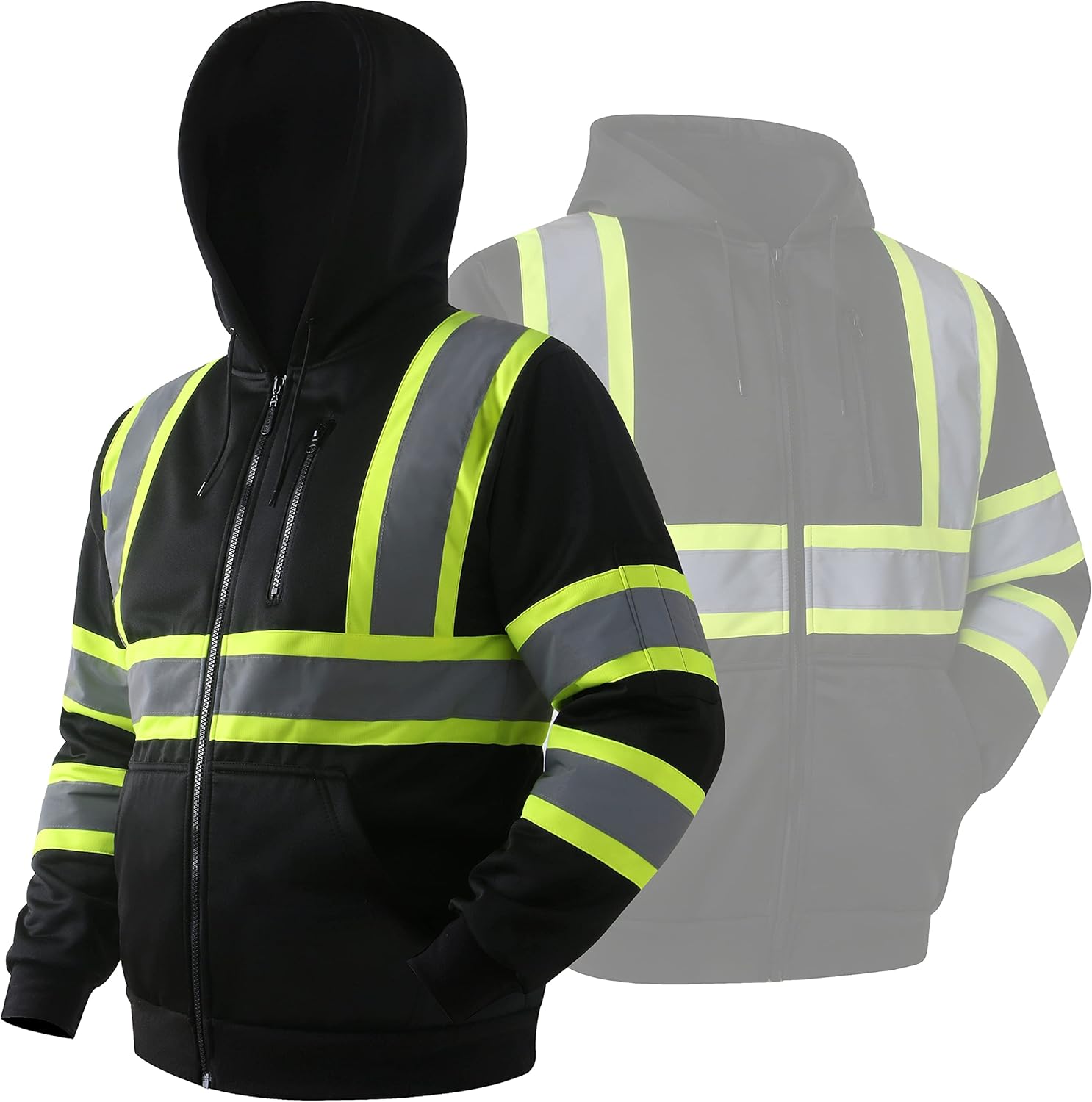 JKSafety Hi-Vis Safety Sweatshirt for men women High Visibility Zip-Up Hooded Sweatshirt Hoodie work utility Reflective Strips with Extended Trims (JK121-Black,S) - Image 7