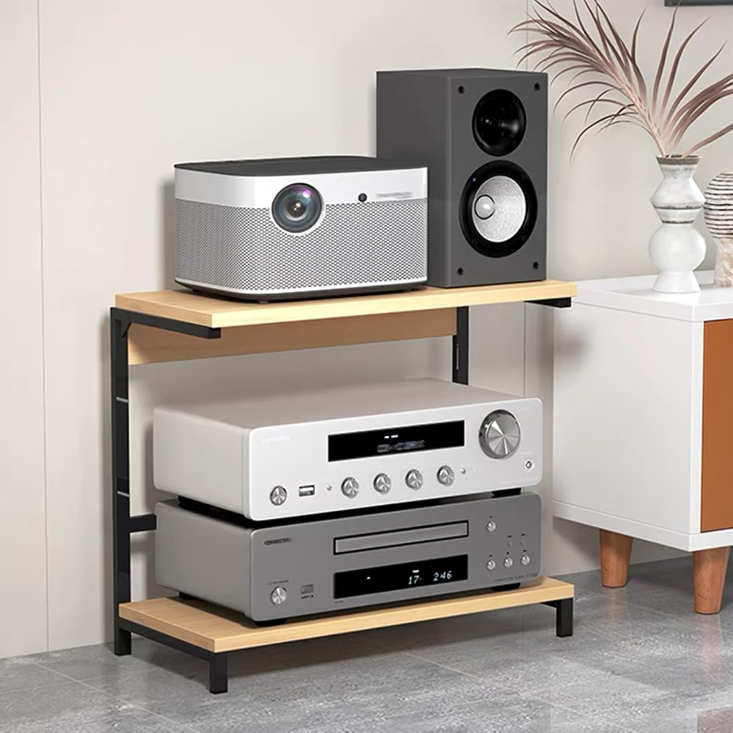 2 Tier Audio Rack, Media Stand Floor-Standing, Multi-Function Open AV Media Stand, Media Storage Cabinet, Corner Entertainment Center, Black Frame Wood Color