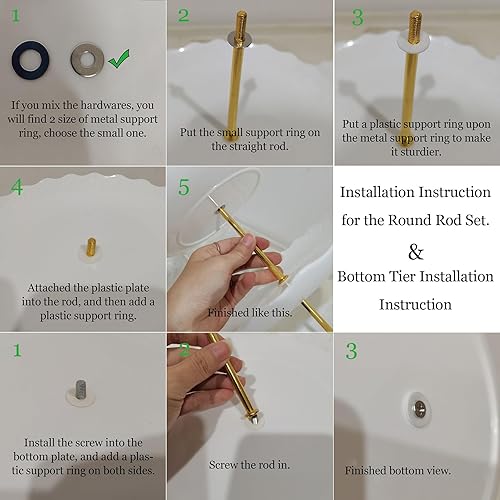 Miniatura 6 de Tosnail Paquete de 3 bandejas de plástico rosa para cupcakes de 3 niveles, soporte para postres con barra dorada de 3 estilos, bandejas de servir