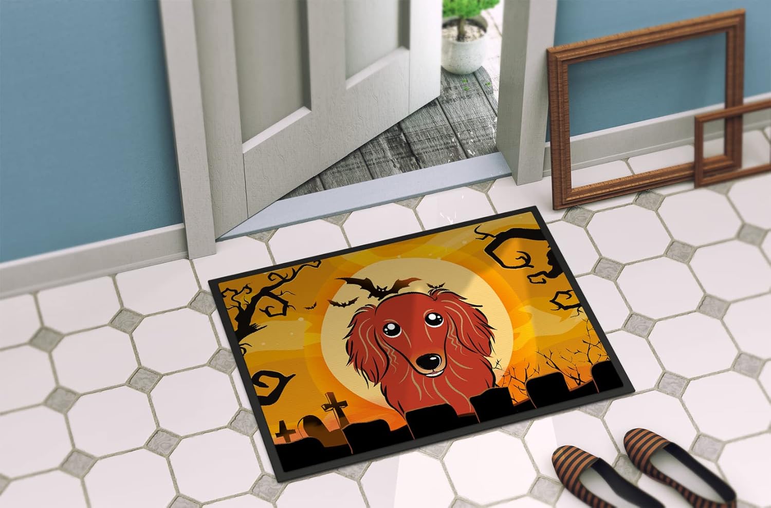 Caroline's Treasures BB1772MAT Halloween Longhair Red Dachshund Doormat 18x27 Front Door Mat Indoor Outdoor Rugs for Entryway, Non Slip Washable Low Pile, 18H X 27W