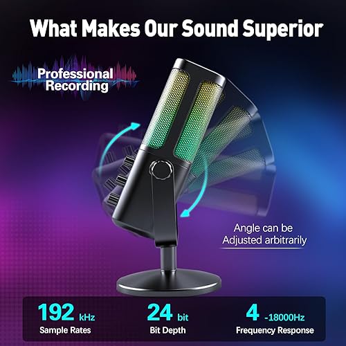 Miniatura 2 de VCOM Micrófono USB para PC, micrófono RGB para juegos con botón de silencio, control de ganancia, auriculares de monitoreo Jack de 0.138 in,