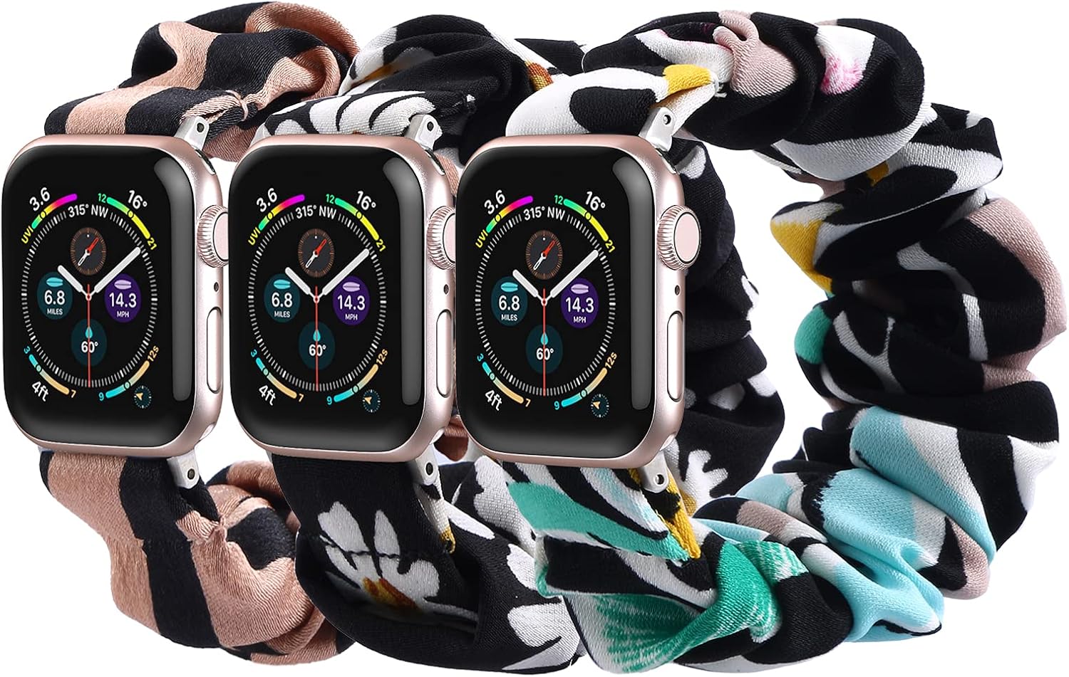 SNEDIY 3 Packs Compatible with Scrunchies Apple Watch Bands 38mm 40mm, Women Cloth Pattern Printed Fabric Wristbands Elastic Scrunchy Bands for iWatch Series 7 6 5 4 3 2 1 SE (Daisy/Brown/Colorful)