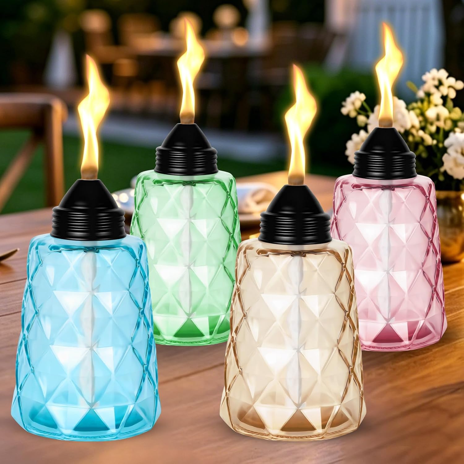 4-Pack Glass Tabletop Torches Outdoor, 12 oz Citronella Torches Canisters with Wick & Cap, for Patio, Backyard, Garden, Parties, Outside Deck (Multicolor)