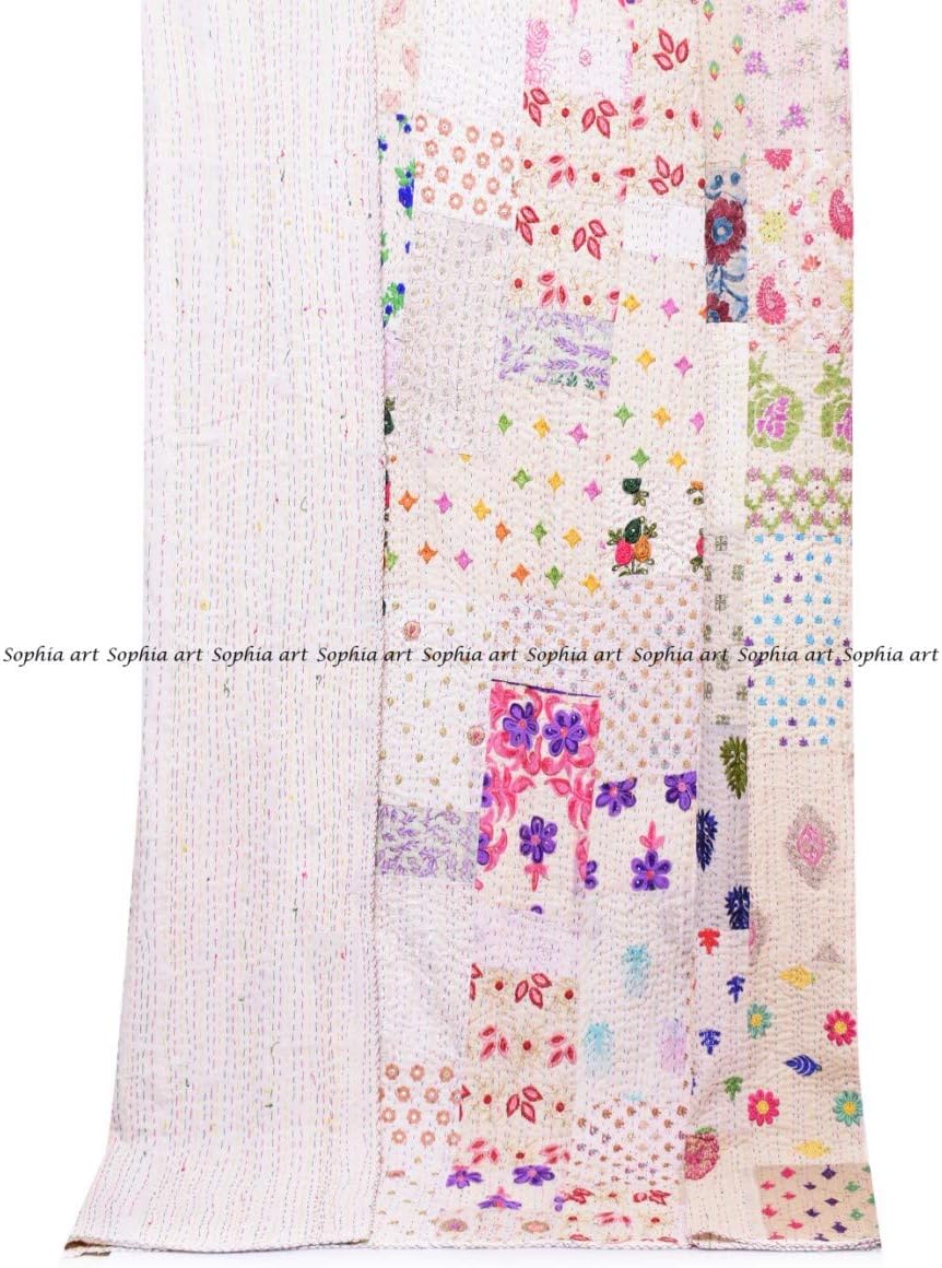 Handmade Vintage Khambadiya Print Hand Jari Patchwork King/Twin Size Embroidery Kantha Quilt Home Decorative Kantha Bedspread Indian Blanket Coverlet Art (Off-White)