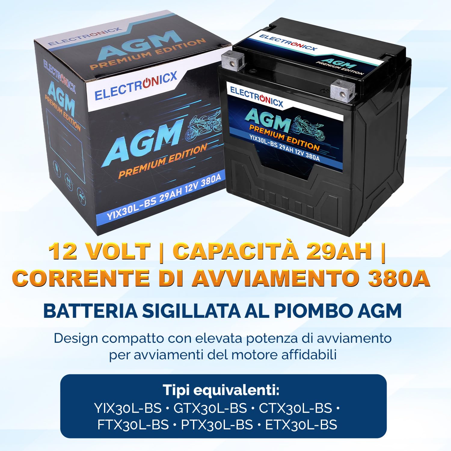 Electronicx YIX30L-BS AGM Batteria Moto 12V 30Ah – Avviamento 380A CCA, sigillata, senza manutenzione, compatta, resistente alle vibrazioni – per moto, quad, ATV, trattorini, motoslitte e touring