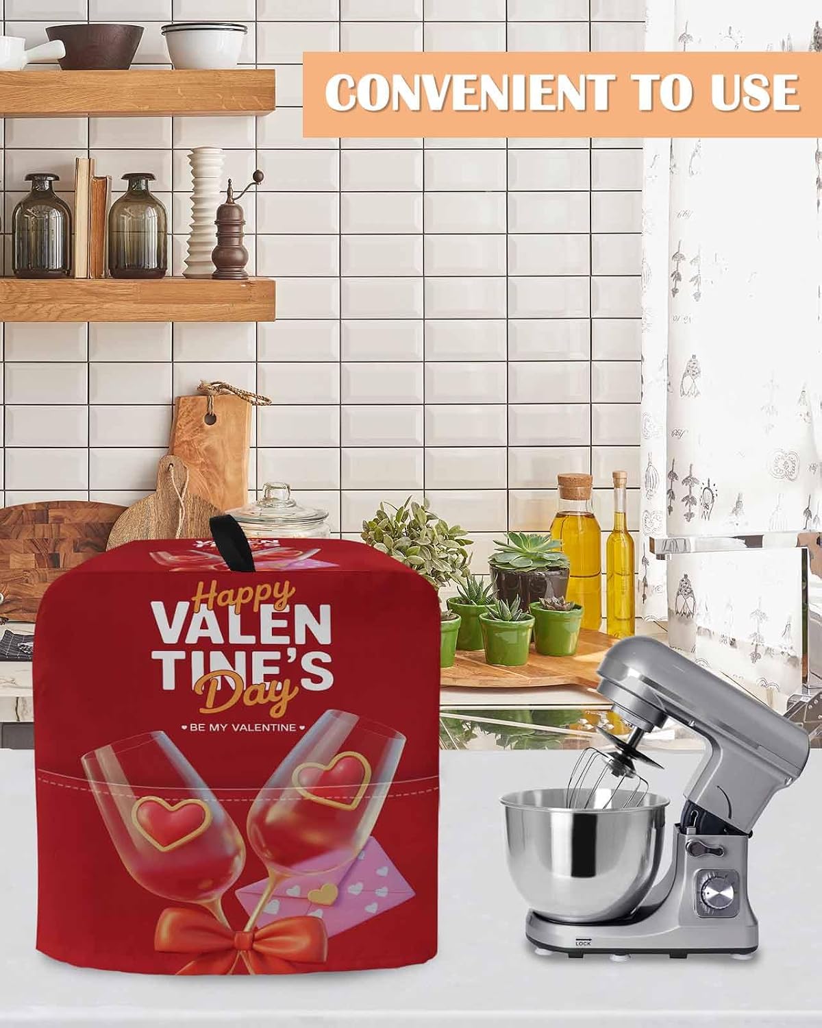 Valentine's Day Stand Mixer Cover with Storage Pocket, Waterproof Kitchen Mixer Covers, Romantic Goblets Red Love Heart Bow Kitchen Appliance Dust Cover Compatible with 5-8 Quart Mixers