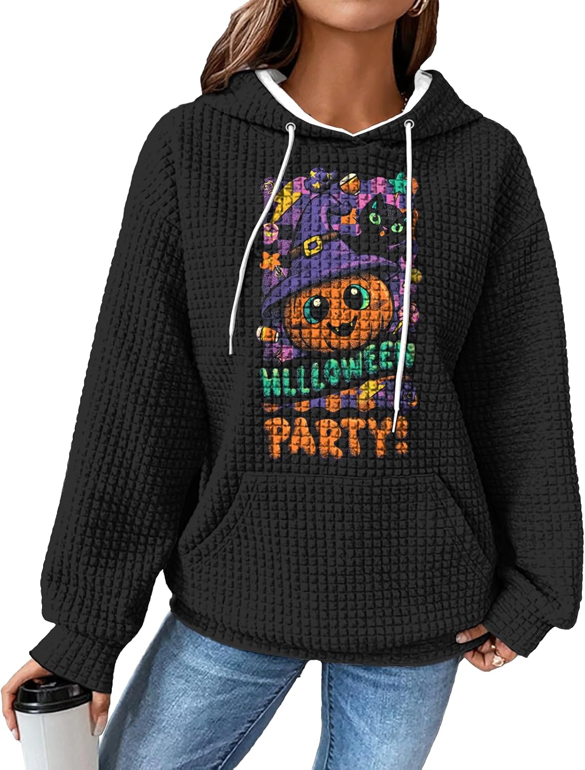 Halloween Hoodies For Women Pumpkin Graphic Waffle Sweatshirt Casual Pullover Vinta...