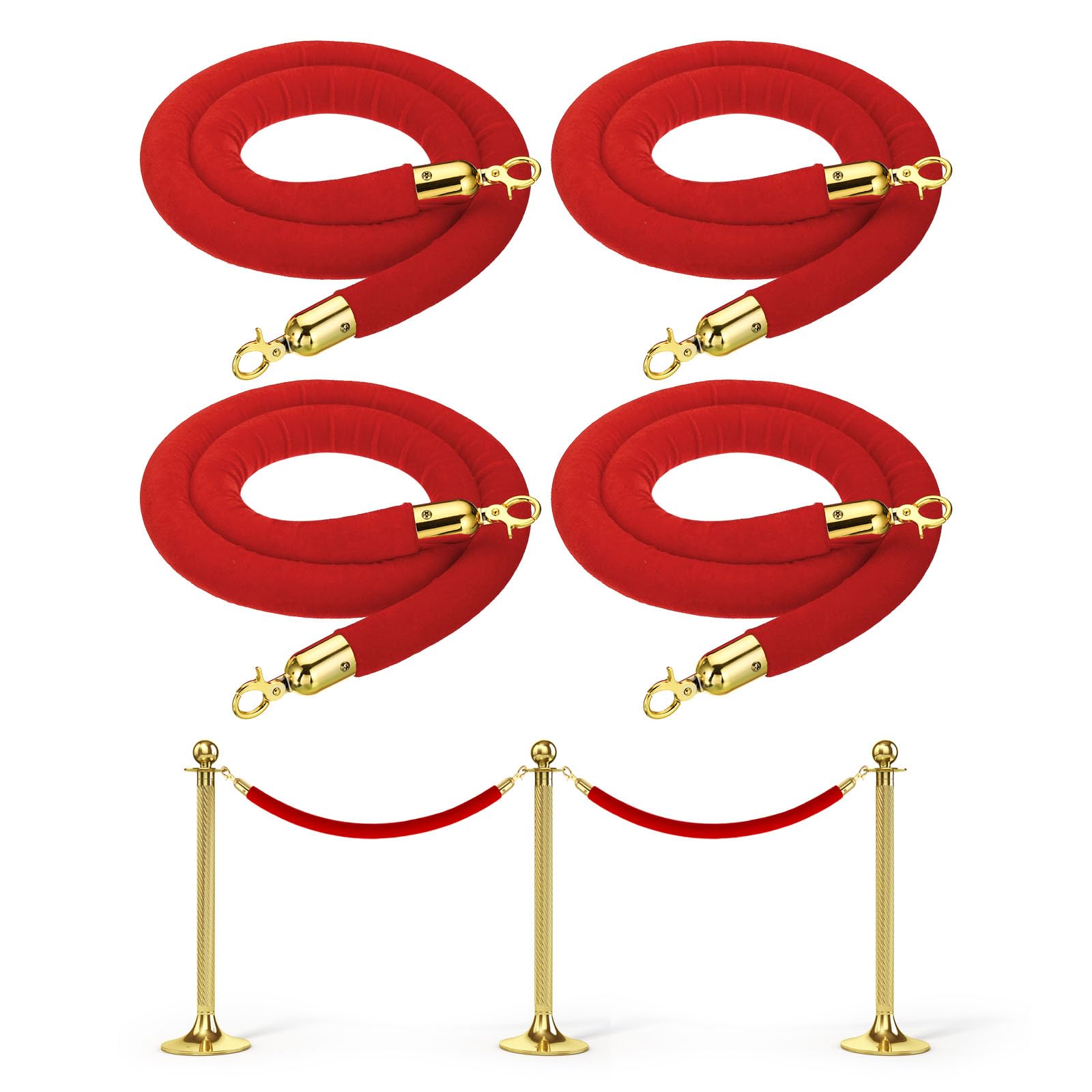 PATIKIL 5 Feet Red Velvet Stanchion Rope, 4 Pack Crowd Control Barrier Rope with Snap Hooks for Posts Stands Queue Divider of Hotel Theater, Golden