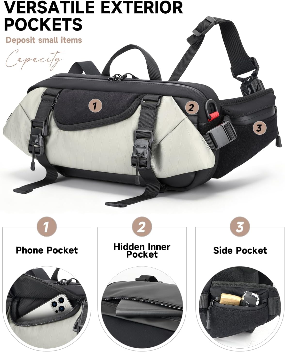 Travel Sling Bag, Anti-Theft Crossbody Fanny Pack with Magnetic Closure, Expandable Mens Crossbody Shoulder Chest Bag for Hiking Walking Running Cycling,White