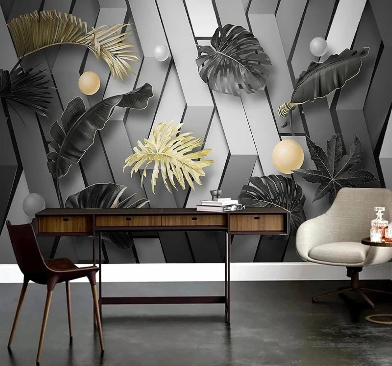 Xlming 200Cm×140Cm(B×H) Three Dimensional Gold Leaf Black Leaves Geometric 3D Wallpaper Luxury Home Dining Decor Paste Sofa Living Room The Wall For Bedroom Mural-200Cm×140Cm
