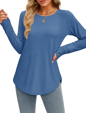 YUCOLEN Womens Long Sleeve Shirts with Thumb Hole Tunic Tops to Wear with Leggings Loose Fit with Crew Neck Curved Hem
