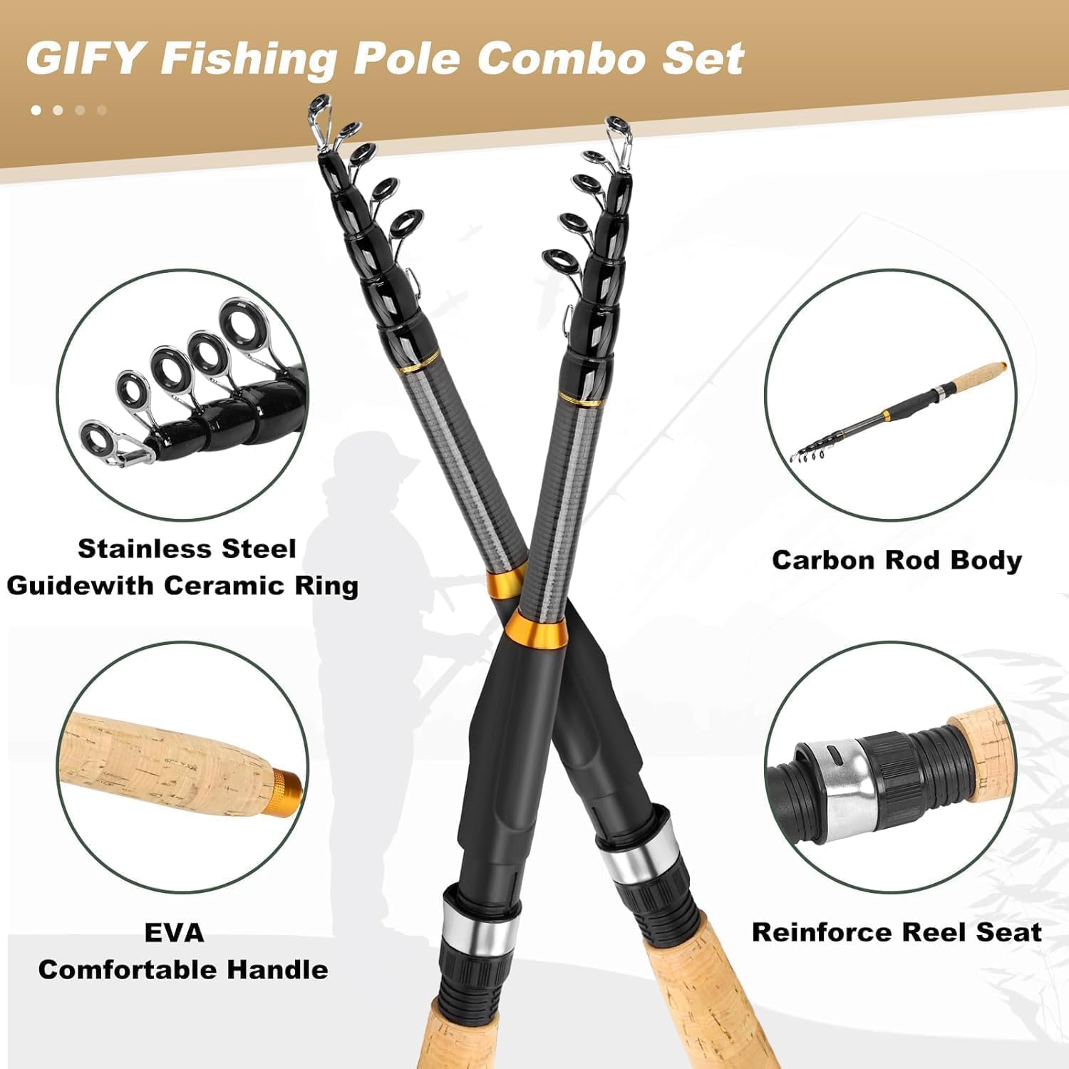 Canne à Pêche Télescopique Carbone 2.4m (7.87FT) Avec Moulinet, Leurres & Housse - Kit Complet 2024