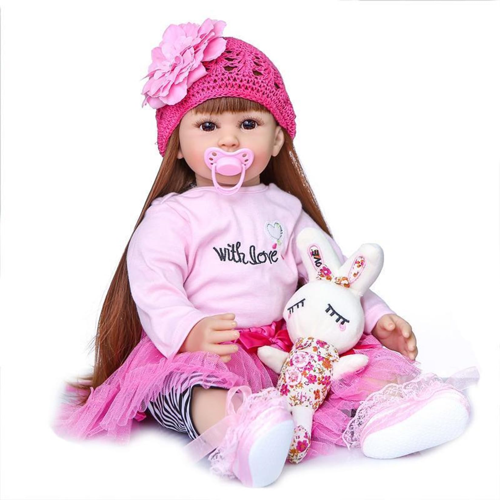 Reborn Baby Dolls Girls 24 Inch 60cm Soft Silicone Vinyl Real Life Long-haired doll in red dress Toddlers Dolls Newborn Toys Xmas Gifts