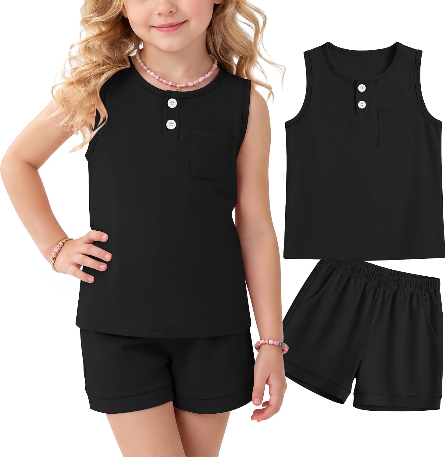 Yooo's Vivi Toddler Girls' 2 Piece Summer Outfits Henley Sleeveless Vest Elastic Waist Shorts Casual Basic Set with Pockets