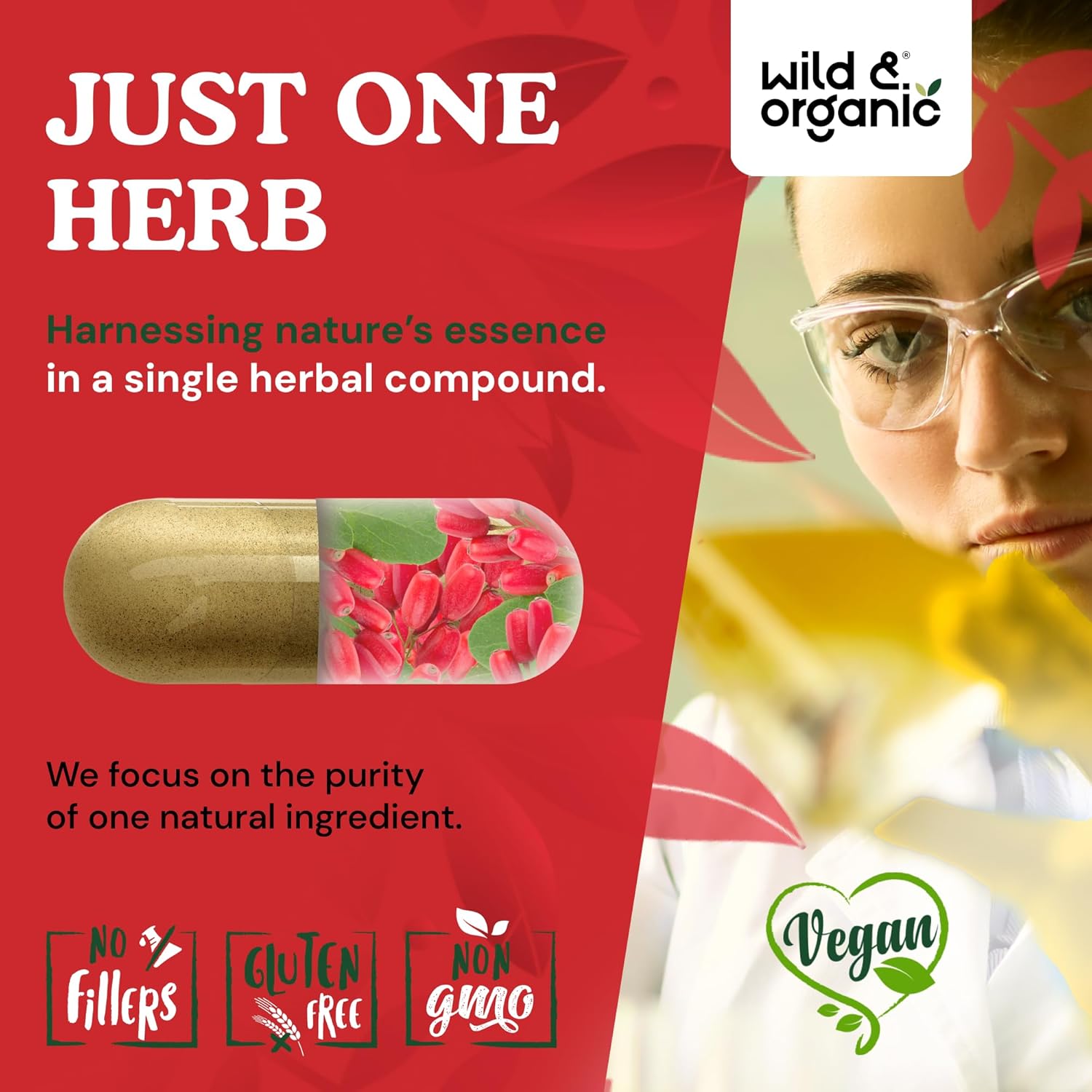 Wild & Organic Berberine Capsules 1000 mg - Antioxidant & Overall Support - Pure Berberine HCL Powder - Berberis Aristata Bark Supplement - Vegan, No Fillers, Non-GMO - 90 Count