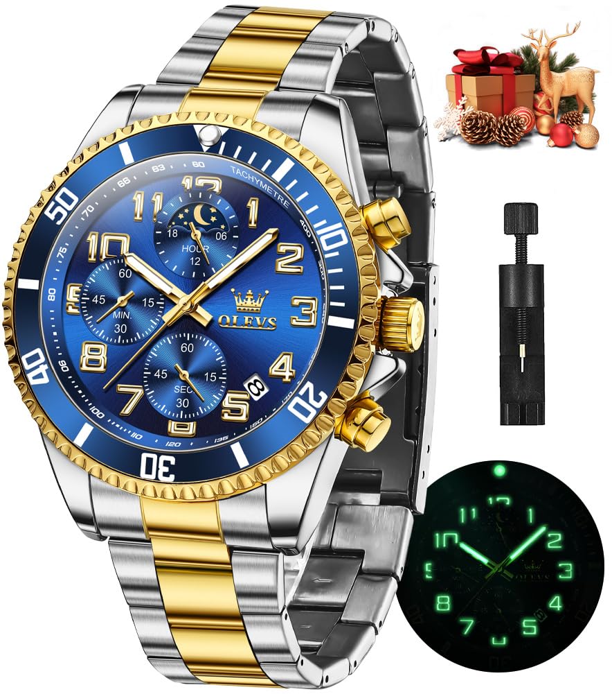 OLEVS Mens Watch Stainless Steel Big Face Casual Dress Wrist Watch Analog Day Date Waterproof Luminous G2926:Two tone strap & blue dial