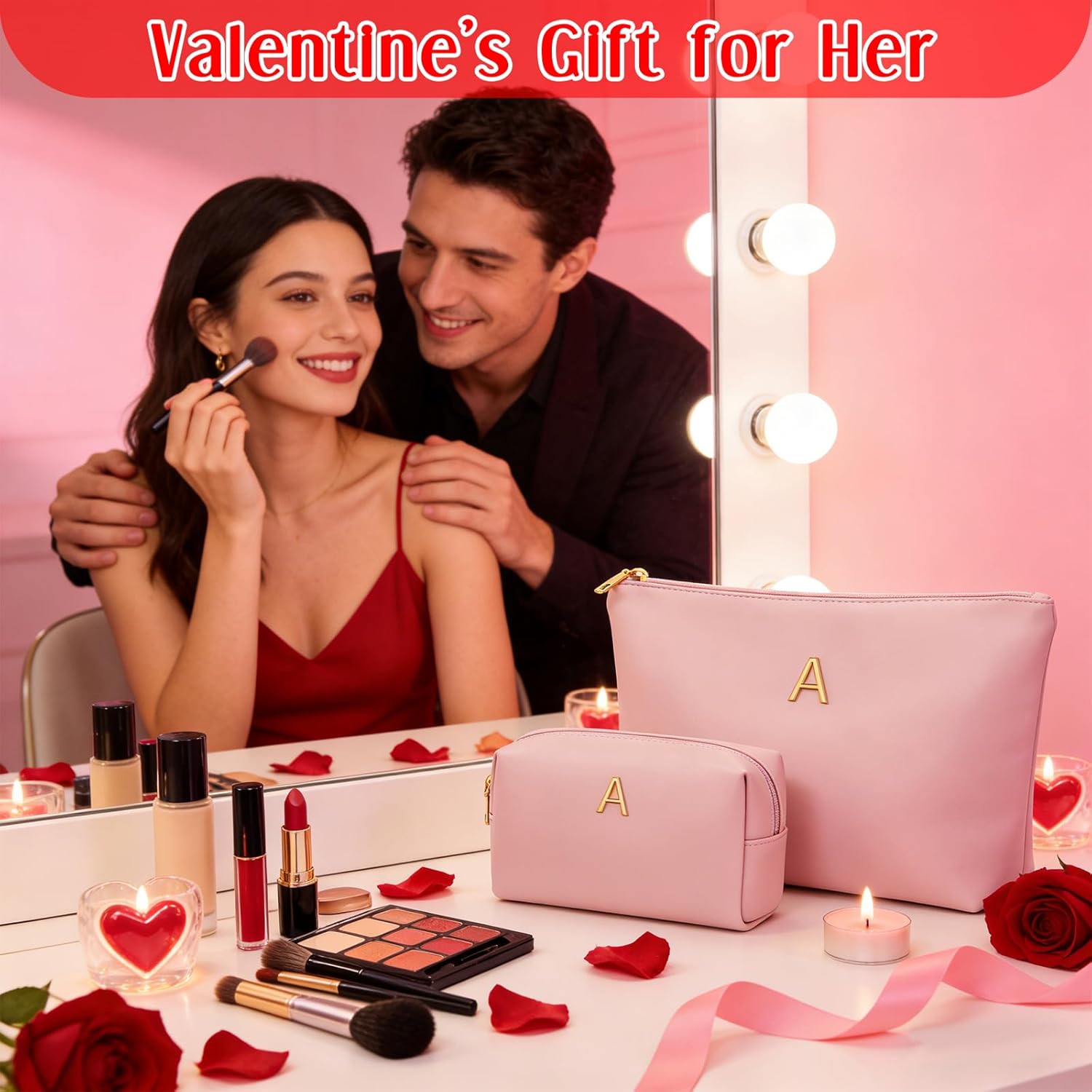 Birthday Gifts for Women Initial Makeup Bag Set Personalized Girl Cosmetic Travel Toiletry Bag Gifts for Bridesmaid Friend Graduation Teachers(Pink,A) - Image 2