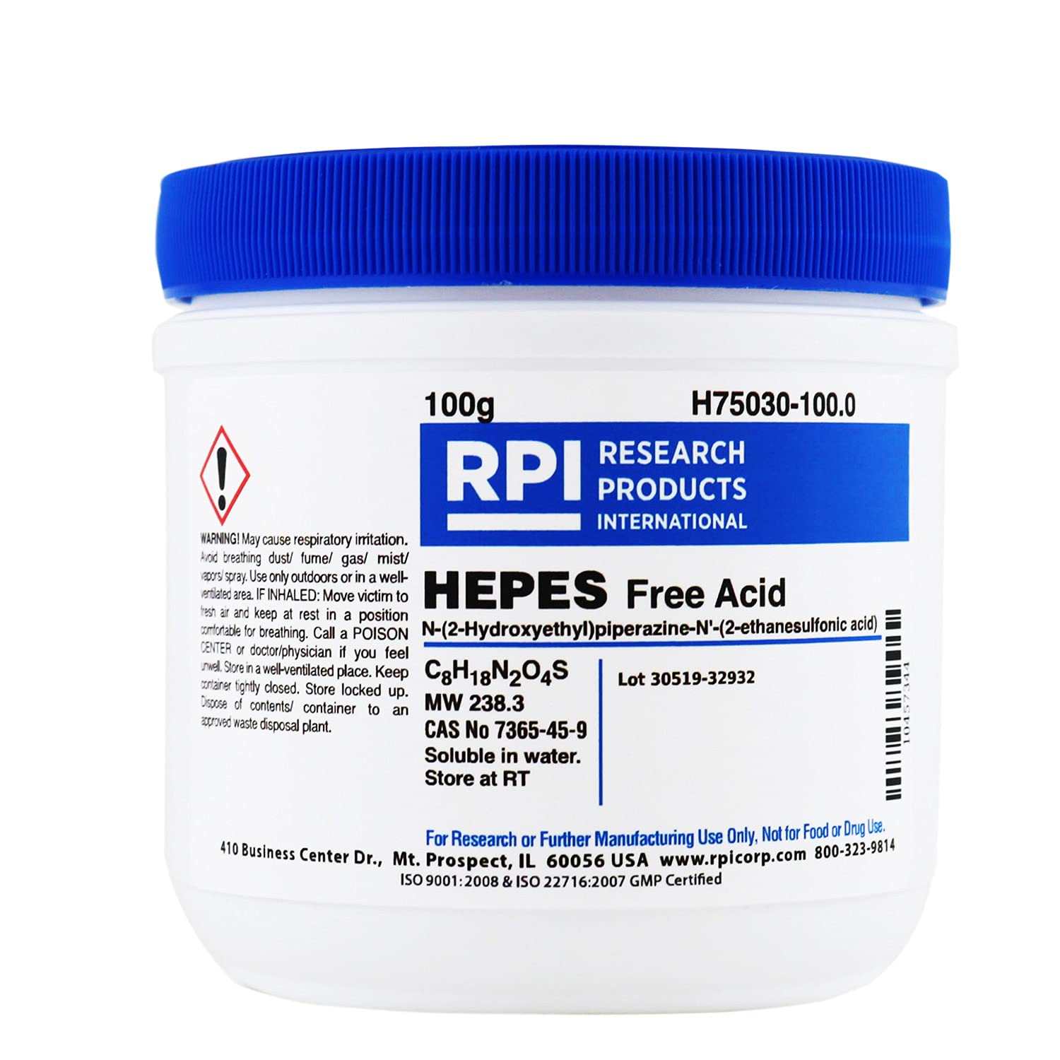 HEPES, Free Acid [N-(2-Hydroxyethyl) piperazine N'-(2-ethanesulfonic Acid)], 100 Grams