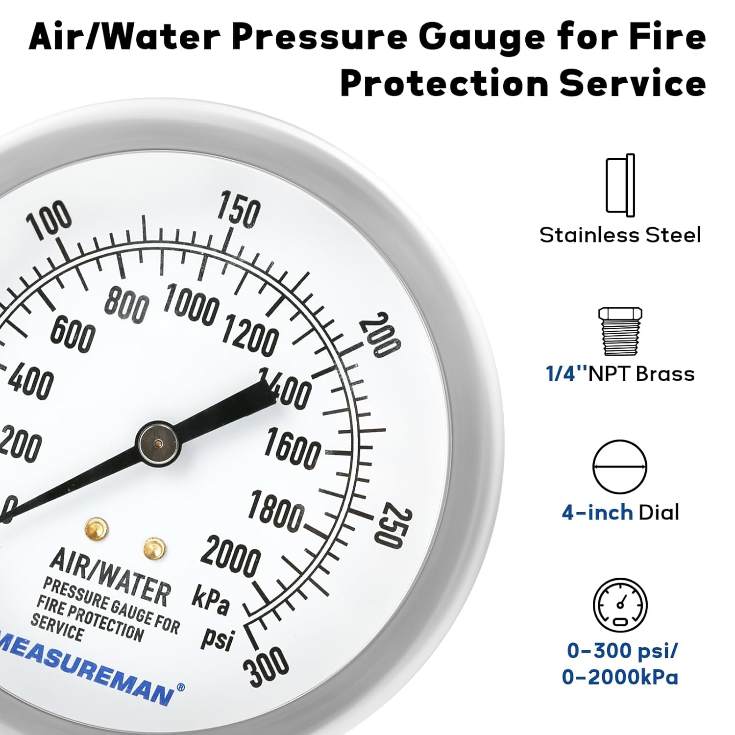MEASUREMAN Professional 3.5" Fire Protection Pressure Gauge，0-300 PSI Dual Scale，1/4 NPT Lower Mount，304 Stainless Steel Case