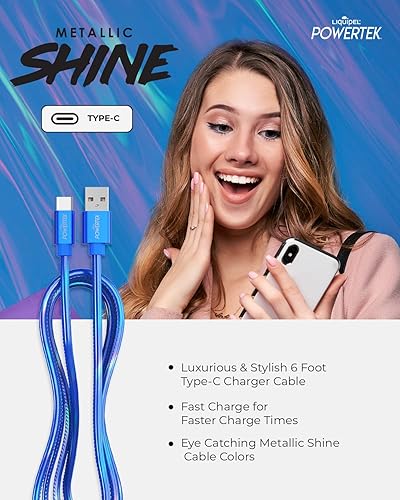 Miniatura 6 de LIQUIPEL Powertek Metallic Shine - Cable de carga USB tipo C, cable USB C de carga rápida de 6 pies, adaptador para automóvil, Galaxy, Android,