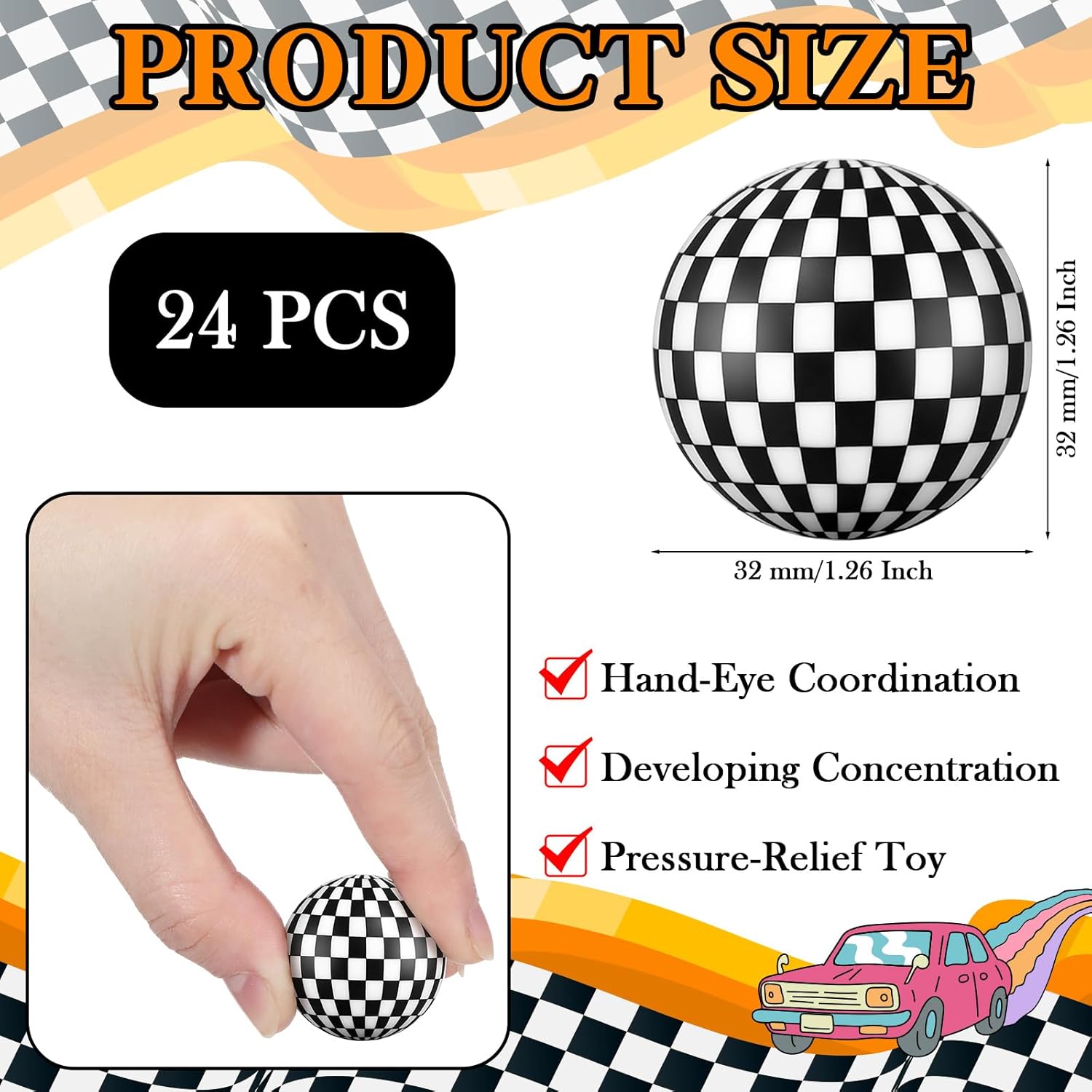 Sotiff 24 Pcs 1.26 Inch 32mm Mini Race Car Stress Bouncy Balls Bulk Checkered Rubber Bounce Balls Bulk for Party Favors, Goodie Bag Fillers, Easter Gift Bag Stuffers, Basket Stuffers, Classroom Prizes