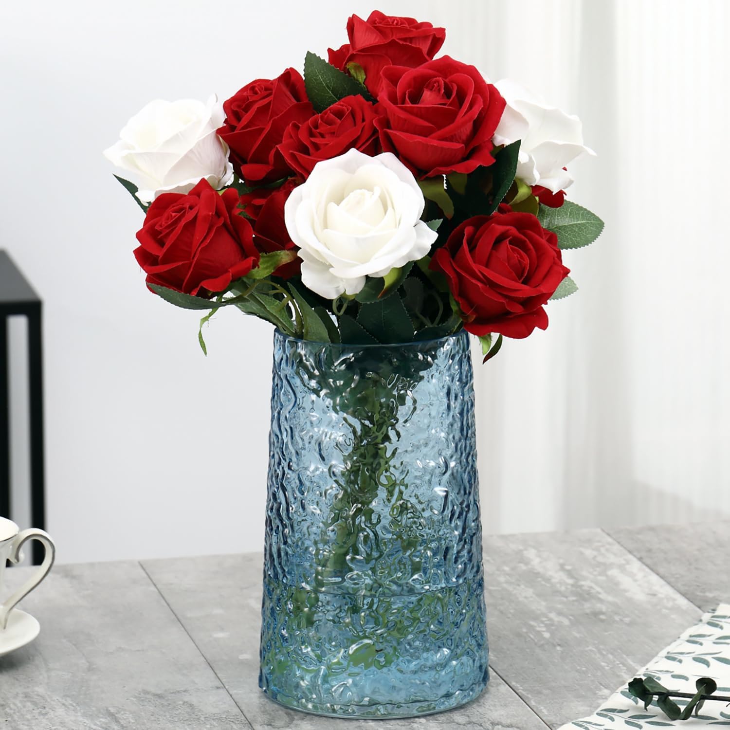 Blue Glass Vase, Flower Vases for Bouquet, Modern Glass Vase for Flowers, Large Vases for Living Room, Bedroom, Kitchen, Office, Wedding, Dining Table, 8 Inches