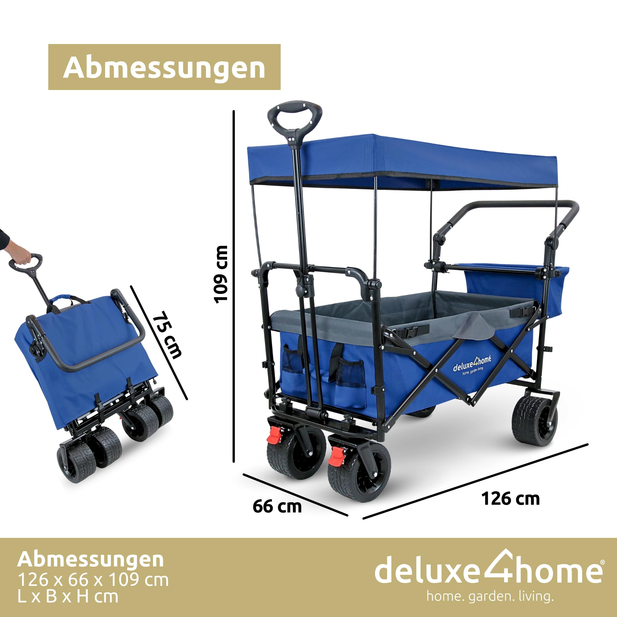 Bollerwagen Faltbar mit Dach Blau/Grau I Mit 360° Reifen & Bremsen I Handwagen Transportwagen 100L I Campingwagen Trolley bis 120kg I Drehbarer Griff