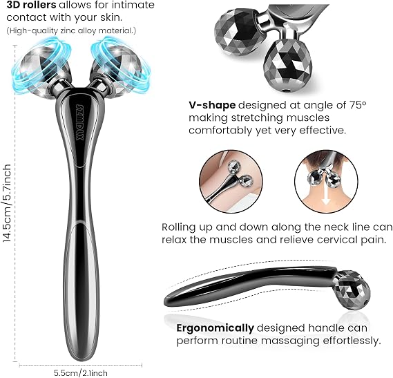 Gunmetal 3D Face and Body Massager Roller for Jawline Sculpting | Solid Zinc Alloy Tool with 75 Degree V-Shape Rollers for Face Contouring and Daily Body Tension